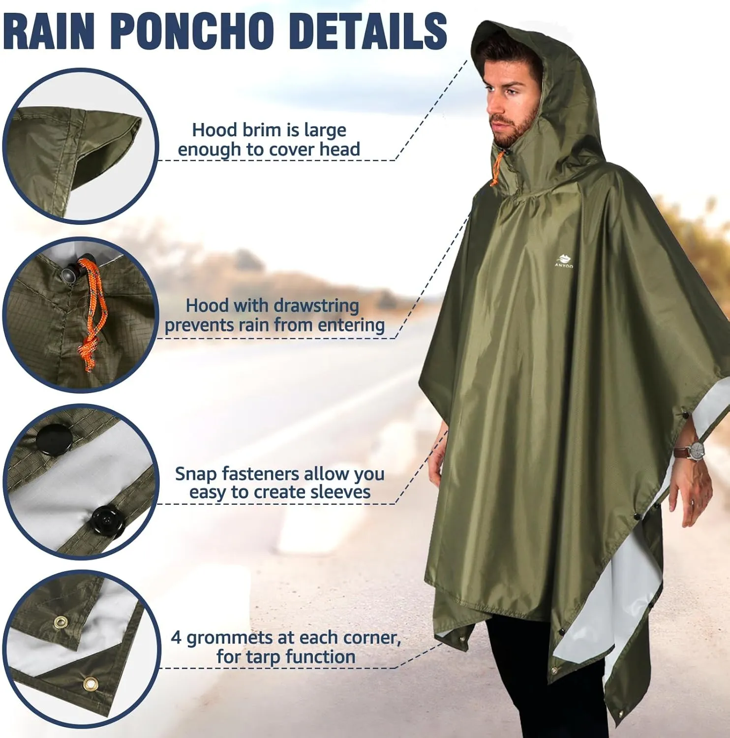 ANYOO Hooded Rain Poncho for Adults Waterproof Lightweight Rain Coat for Men Women Reusable Rain Jacket for Emergency Outdoor