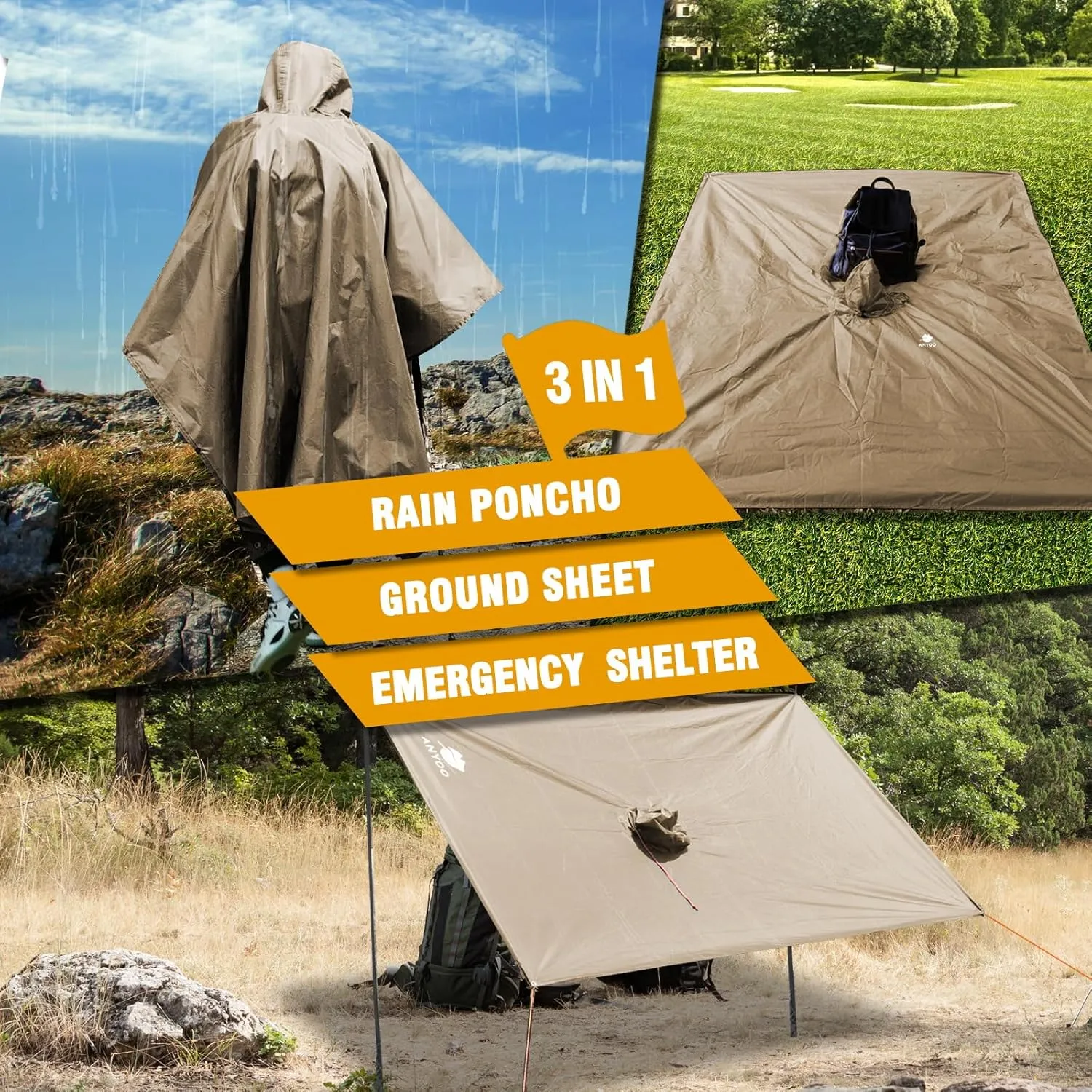 ANYOO Hooded Rain Poncho for Adults Waterproof Lightweight Rain Coat for Men Women Reusable Rain Jacket for Emergency Outdoor