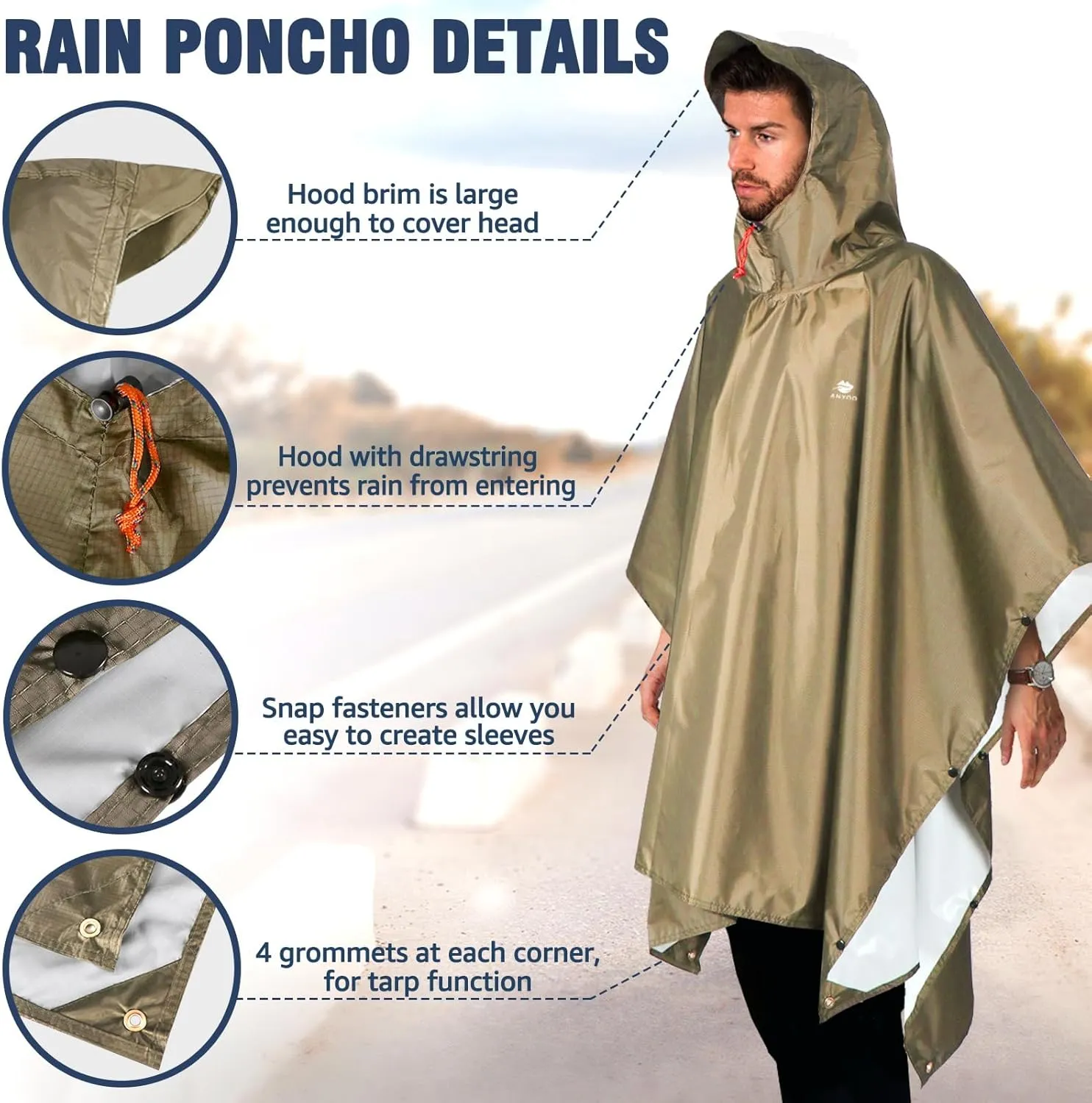 ANYOO Hooded Rain Poncho for Adults Waterproof Lightweight Rain Coat for Men Women Reusable Rain Jacket for Emergency Outdoor