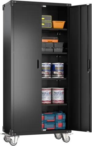 Aobabo Garage Storage Cabinet with Wheels,72" H Metal Storage Cabinet with 2 Doors and 4 Adjustable Shelves for Garage Home, Black,Required-Assembly