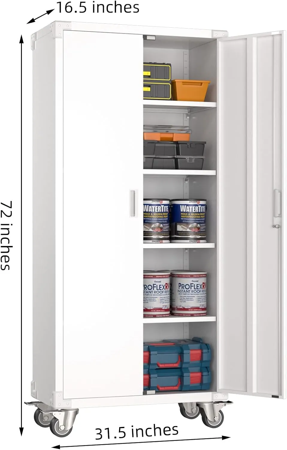 Aobabo Metal Storage Cabinet with Wheels,Heavy Duty Office Storage Cabinet with Lock,Steel Cabinet with 2 Doors and 4 Adjustable Shelves for Office Home School Storage,Required-Assembly White