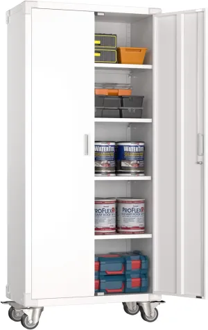 Aobabo Metal Storage Cabinet with Wheels,Heavy Duty Office Storage Cabinet with Lock,Steel Cabinet with 2 Doors and 4 Adjustable Shelves for Office Home School Storage,Required-Assembly White