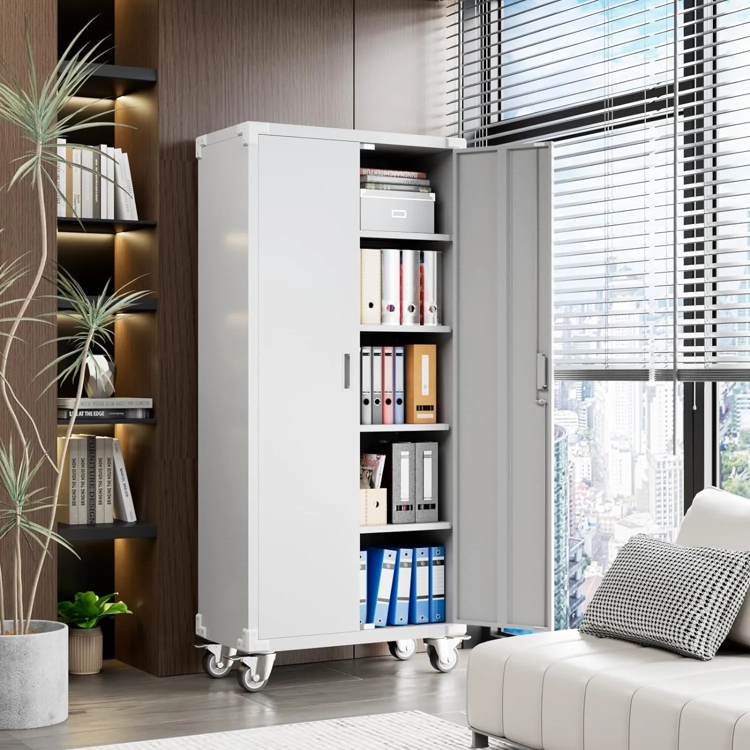 Aobabo Metal Storage Cabinet with Wheels,Heavy Duty Office Storage Cabinet with Lock,Steel Cabinet with 2 Doors and 4 Adjustable Shelves for Office Home School Storage,Required-Assembly White