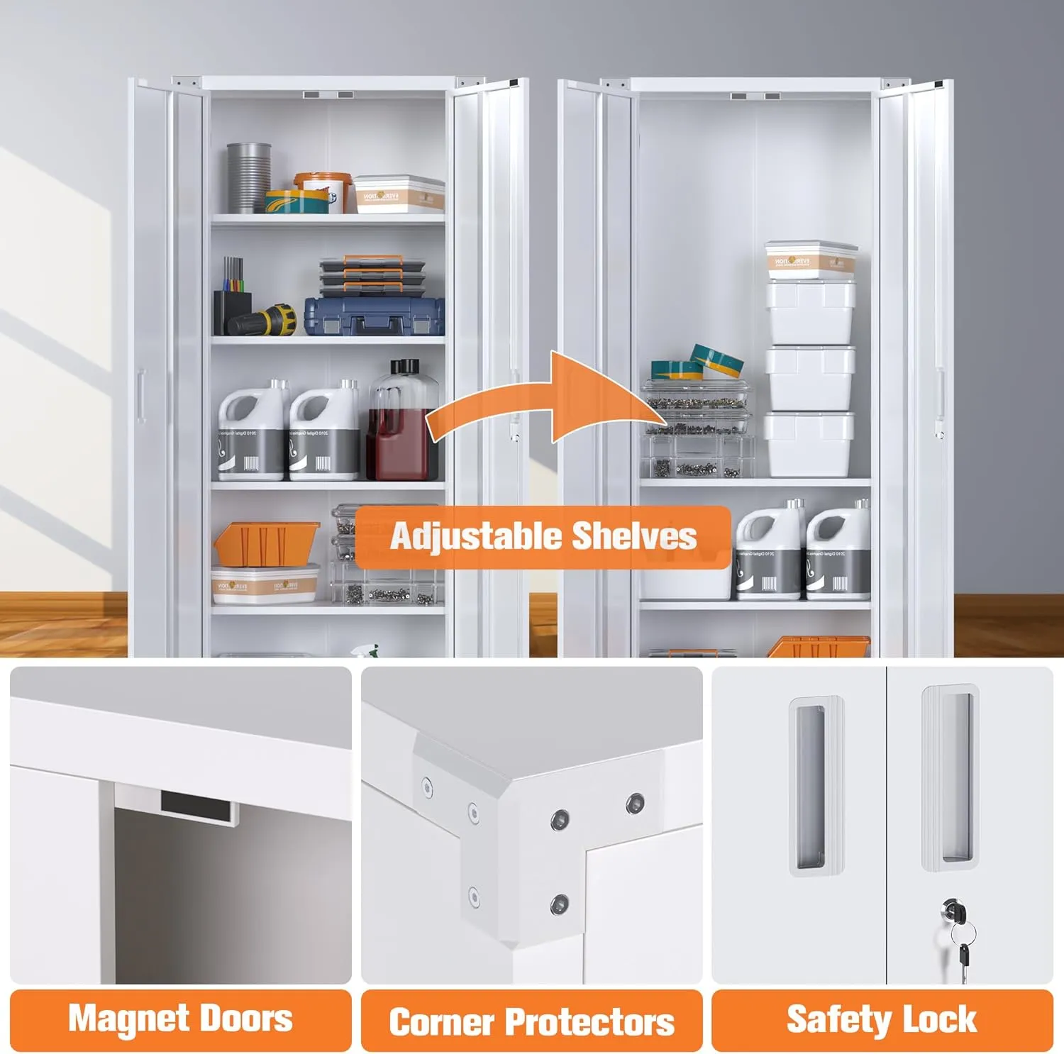 Aobabo Metal Storage Cabinet with Wheels,Heavy Duty Office Storage Cabinet with Lock,Steel Cabinet with 2 Doors and 4 Adjustable Shelves for Office Home School Storage,Required-Assembly White