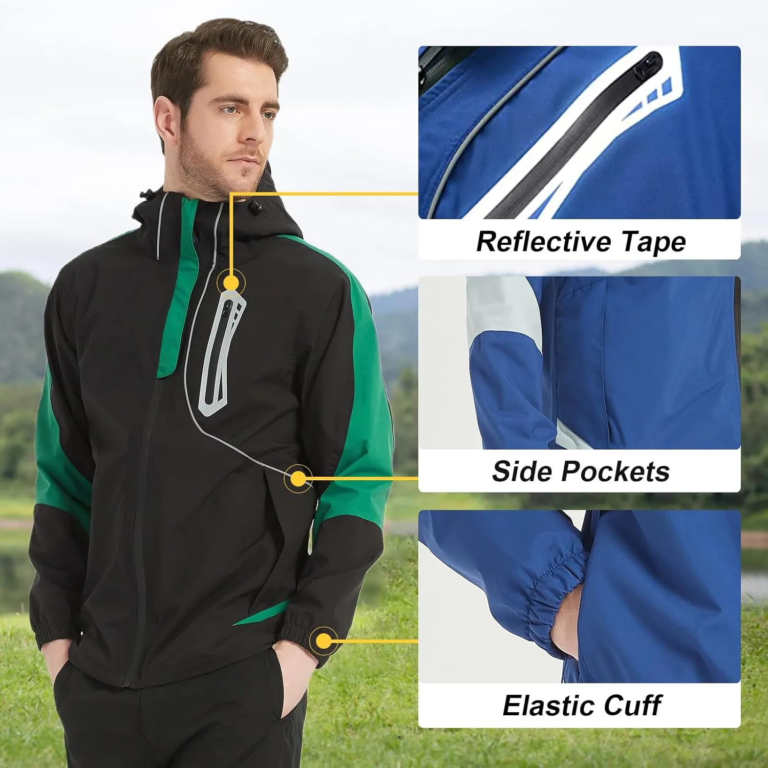 Arasiyama Men's Lightweight Waterproof Rain Jacket Windproof Raincoat with Hood Outdoor Ventures
