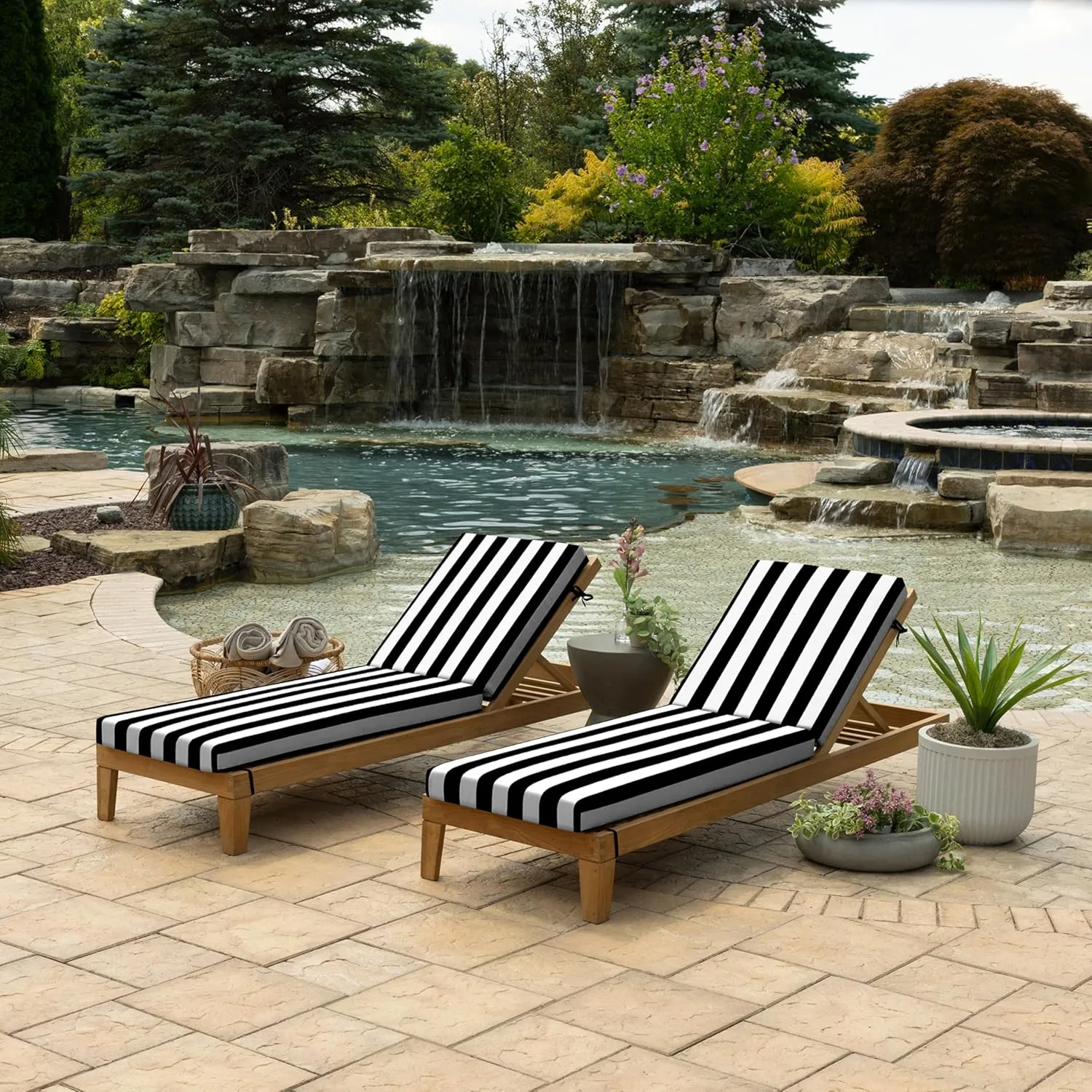 Arden Foam Outdoor Chaise Lounge Cushion, 21 x 72, Made with ProFoam, Rain-Proof, Fade Resistant, Black Cabana Stripe