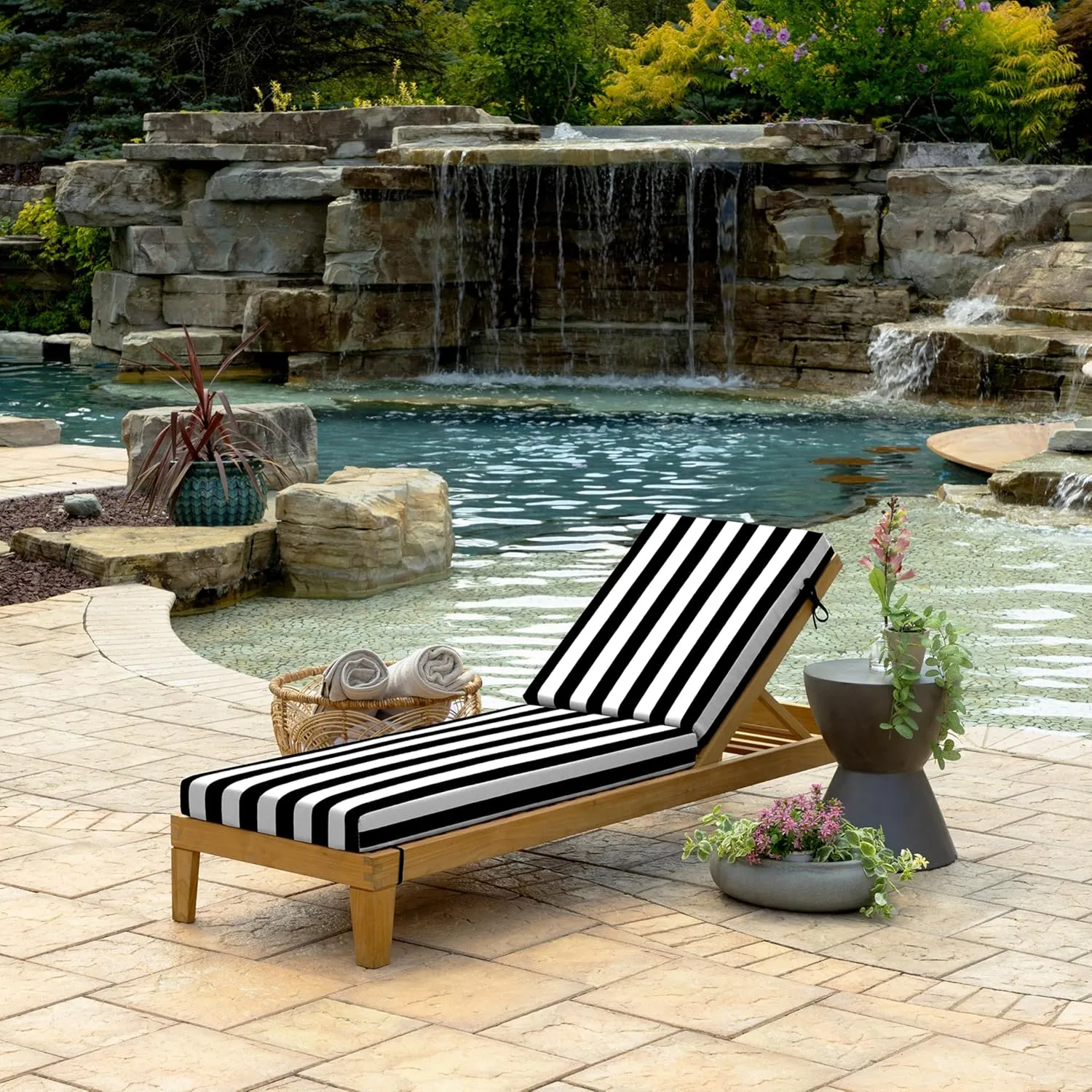 Arden Foam Outdoor Chaise Lounge Cushion, 21 x 72, Made with ProFoam, Rain-Proof, Fade Resistant, Black Cabana Stripe