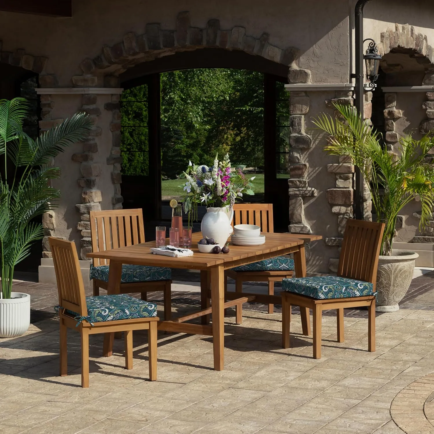 Arden Foam Outdoor Dining Seat Cushion, 19 x 19, Made with ProFoam, Rain-Proof, Fade Resistant, Sapphire Aurora Blue Damask