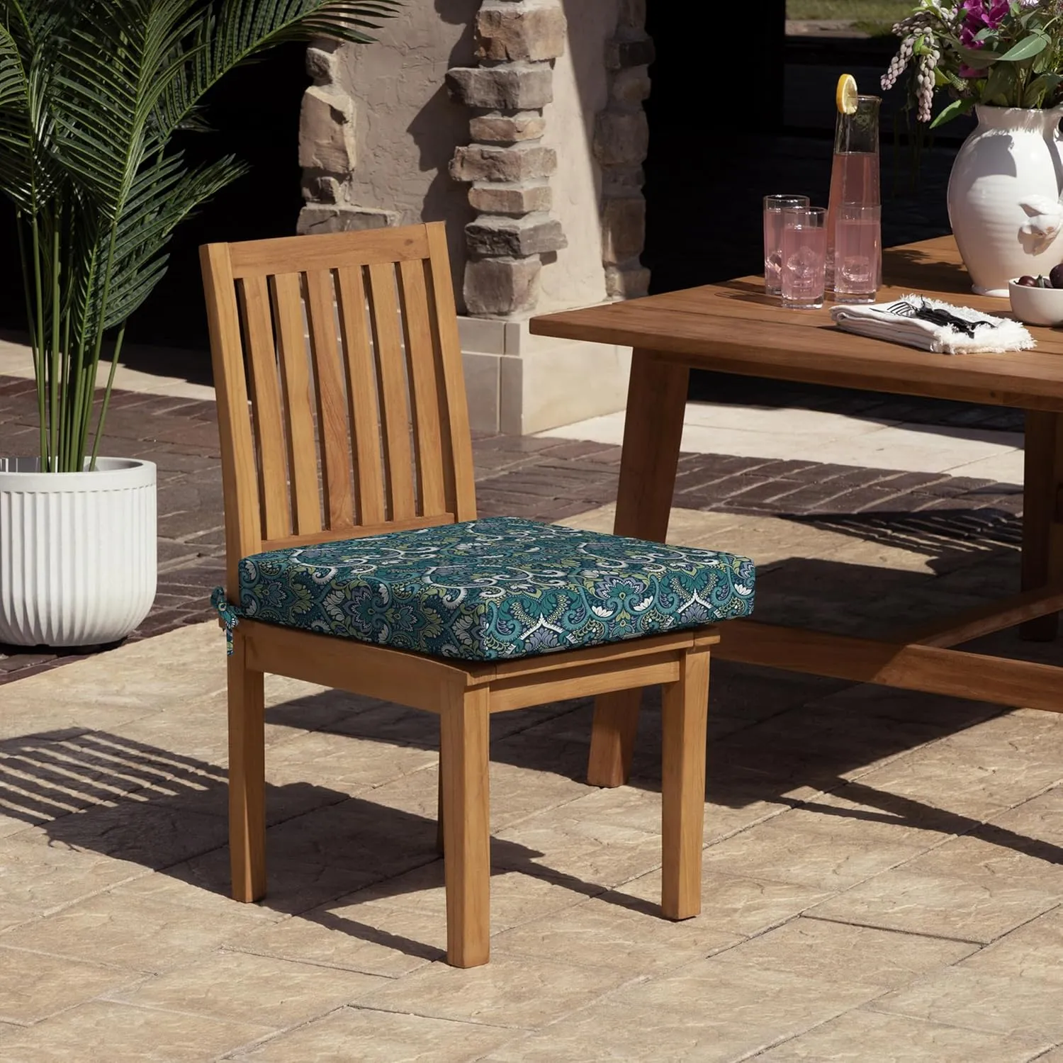 Arden Foam Outdoor Dining Seat Cushion, 19 x 19, Made with ProFoam, Rain-Proof, Fade Resistant, Sapphire Aurora Blue Damask