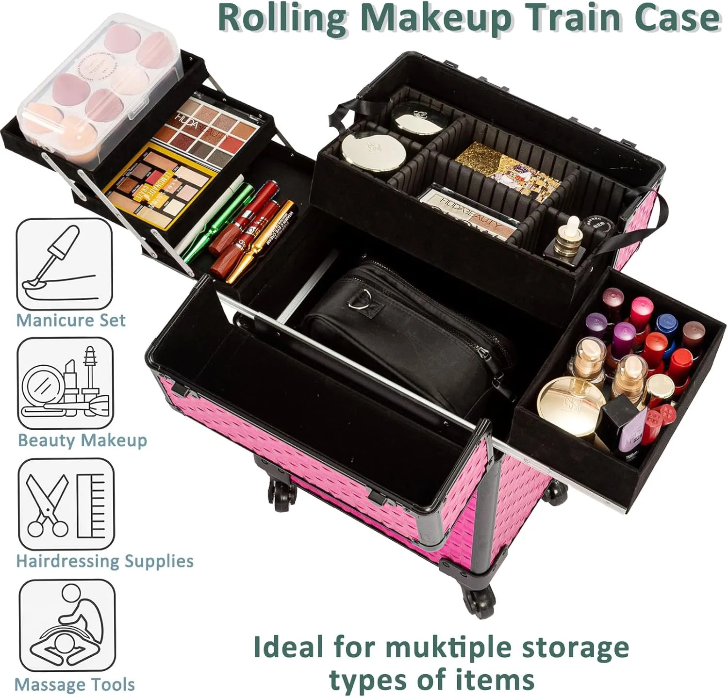 AROUS Rolling Makeup Train Case Cosmetic Travel Trolley 4 Tray with Sliding Rail Removable Middle Layer with Key Swivel Wheels Salon Barber Case Traveling Cart Trunk Rose, Red