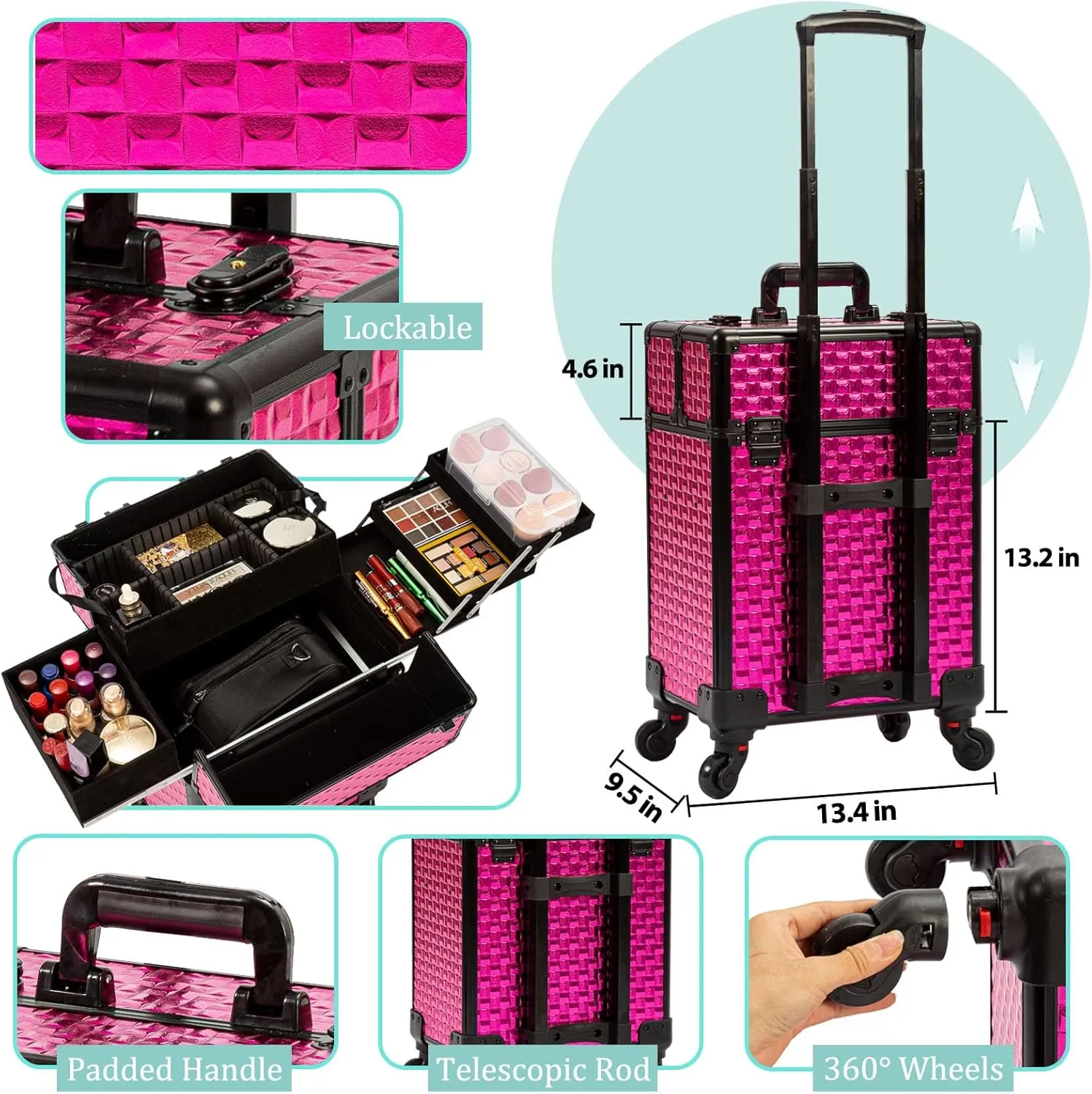 AROUS Rolling Makeup Train Case Cosmetic Travel Trolley 4 Tray with Sliding Rail Removable Middle Layer with Key Swivel Wheels Salon Barber Case Traveling Cart Trunk Rose, Red