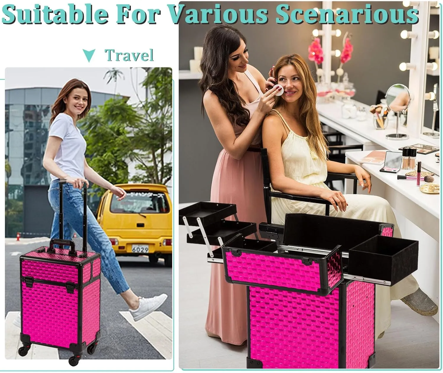 AROUS Rolling Makeup Train Case Cosmetic Travel Trolley 4 Tray with Sliding Rail Removable Middle Layer with Key Swivel Wheels Salon Barber Case Traveling Cart Trunk Rose, Red