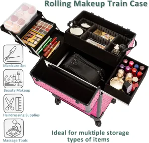 AROUS Rolling Makeup Train Case Cosmetic Travel Trolley 4 Tray with Sliding Rail Removable Middle Layer with Key Swivel Wheels Salon Barber Case Traveling Cart Trunk Rose, Red