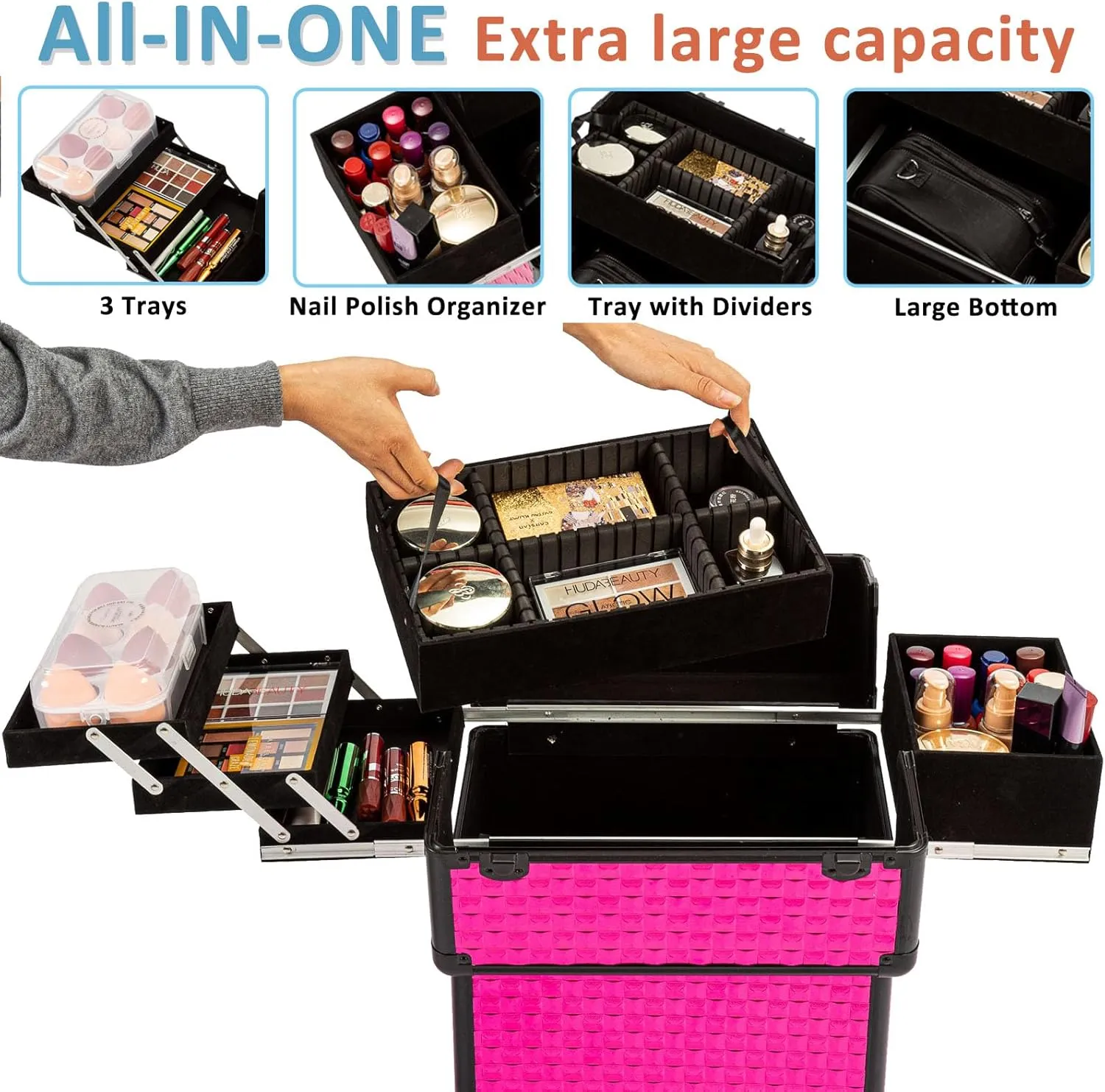 AROUS Rolling Makeup Train Case Cosmetic Travel Trolley 4 Tray with Sliding Rail Removable Middle Layer with Key Swivel Wheels Salon Barber Case Traveling Cart Trunk Rose, Red