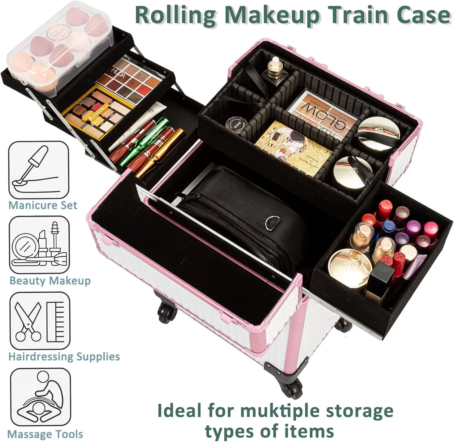 AROUS Rolling Makeup Train Case Cosmetic Travel Trolley 4 Tray with Sliding Rail Removable Middle Layer with Key Swivel Wheels Salon Barber Case Traveling Cart Trunk,White