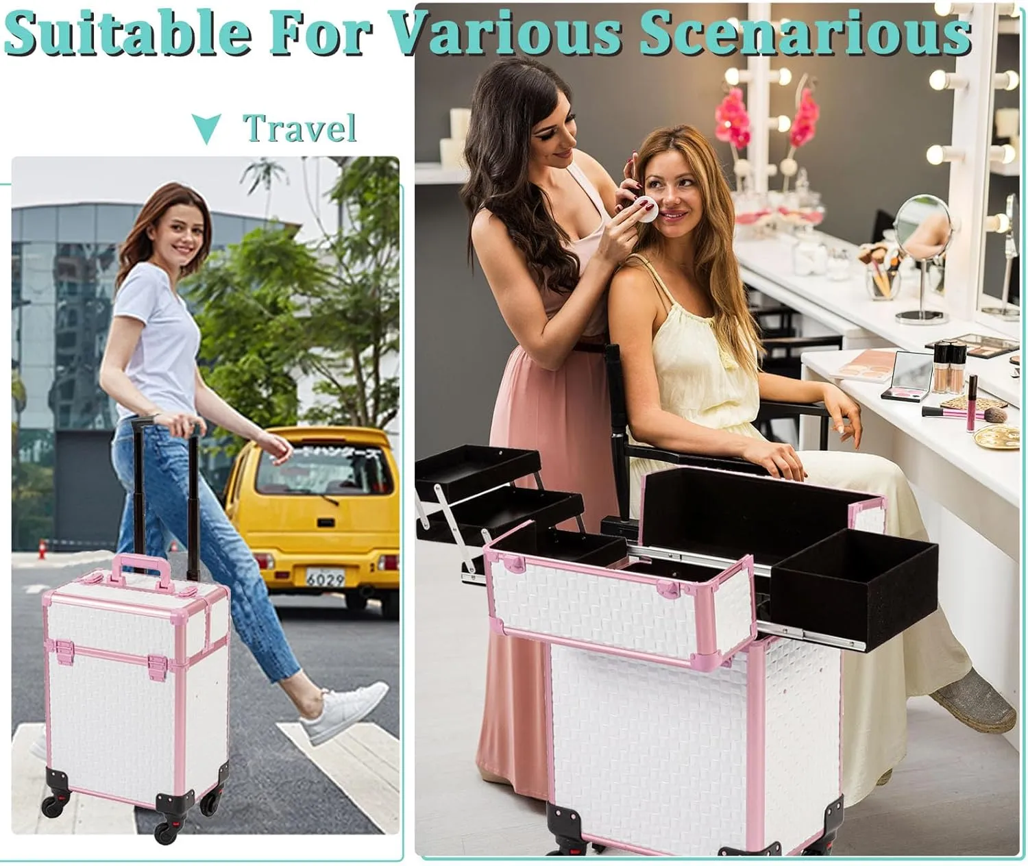 AROUS Rolling Makeup Train Case Cosmetic Travel Trolley 4 Tray with Sliding Rail Removable Middle Layer with Key Swivel Wheels Salon Barber Case Traveling Cart Trunk,White