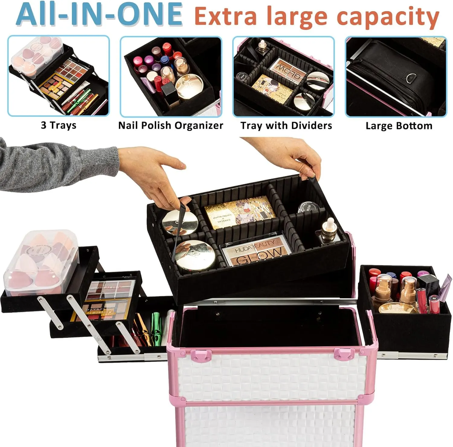AROUS Rolling Makeup Train Case Cosmetic Travel Trolley 4 Tray with Sliding Rail Removable Middle Layer with Key Swivel Wheels Salon Barber Case Traveling Cart Trunk,White