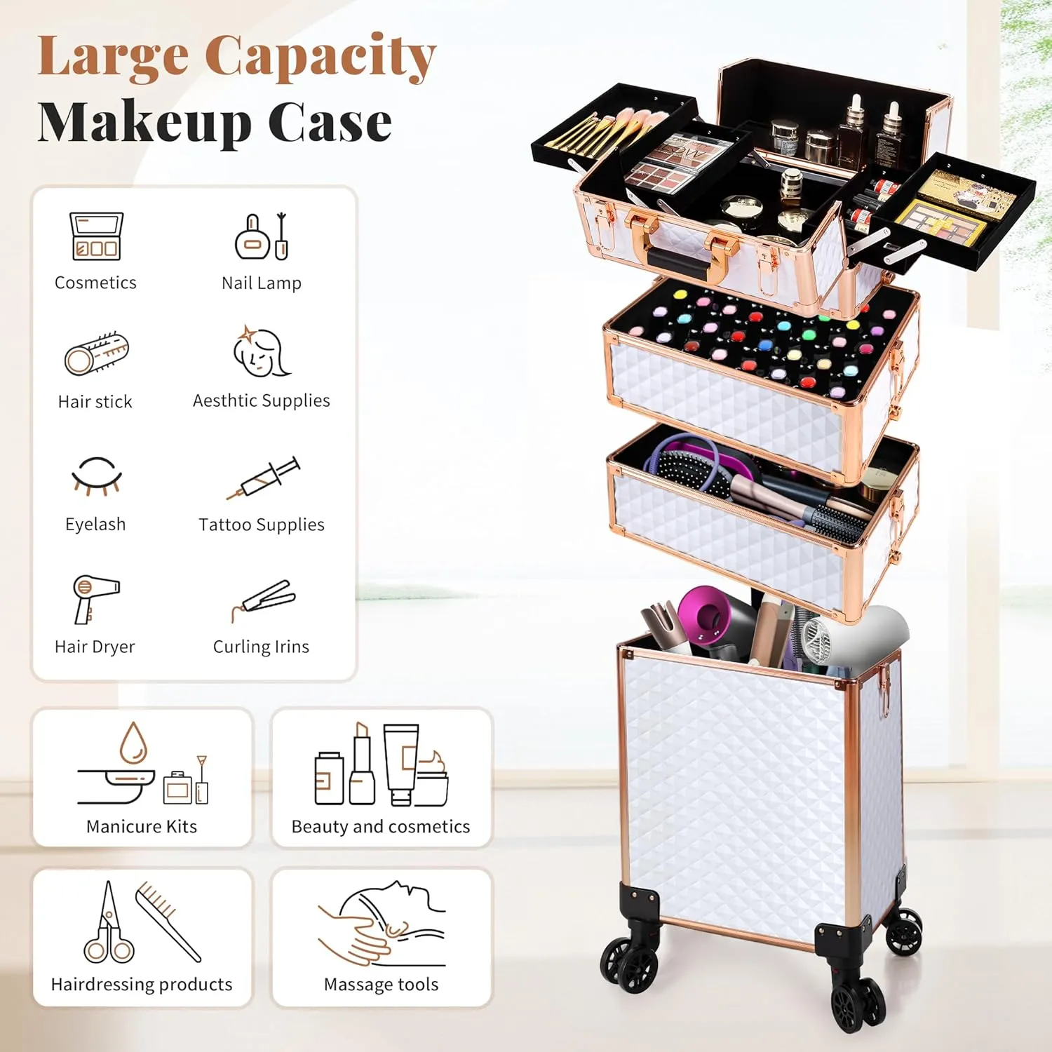 AROUS Rolling Makeup Train Case Large Storage Cosmetic Trolley 4 in 1 Large Capacity Trolley Makeup Travel Case with Key Swivel Wheels Salon Barber Case Traveling Cart Trunk, White