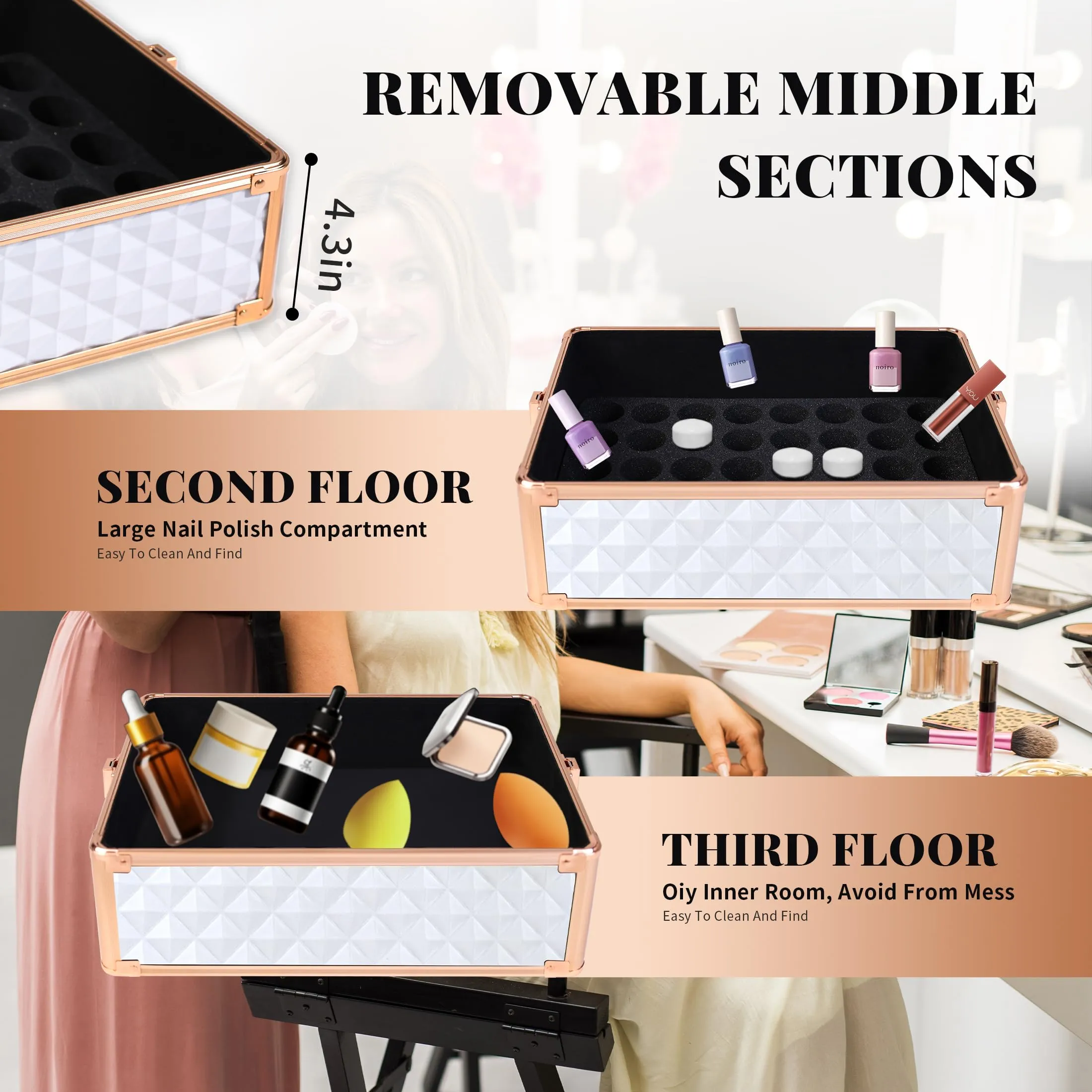 AROUS Rolling Makeup Train Case Large Storage Cosmetic Trolley 4 in 1 Large Capacity Trolley Makeup Travel Case with Key Swivel Wheels Salon Barber Case Traveling Cart Trunk, White