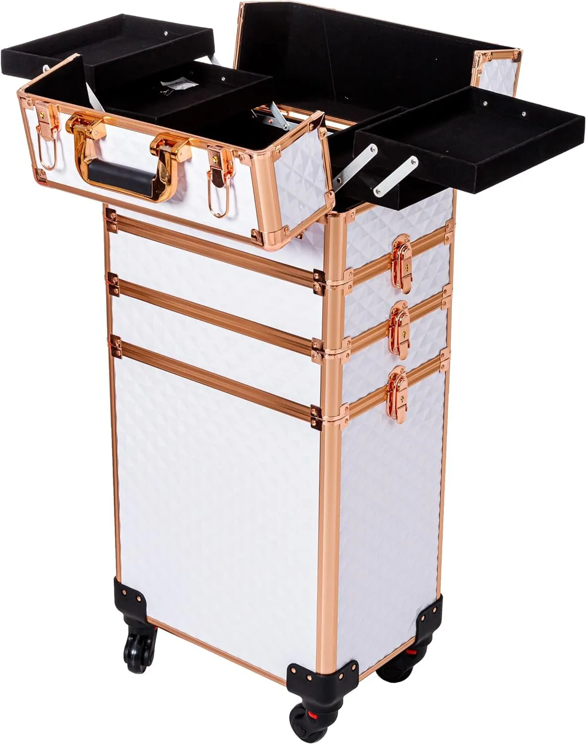 AROUS Rolling Makeup Train Case Large Storage Cosmetic Trolley 4 in 1 Large Capacity Trolley Makeup Travel Case with Key Swivel Wheels Salon Barber Case Traveling Cart Trunk, White