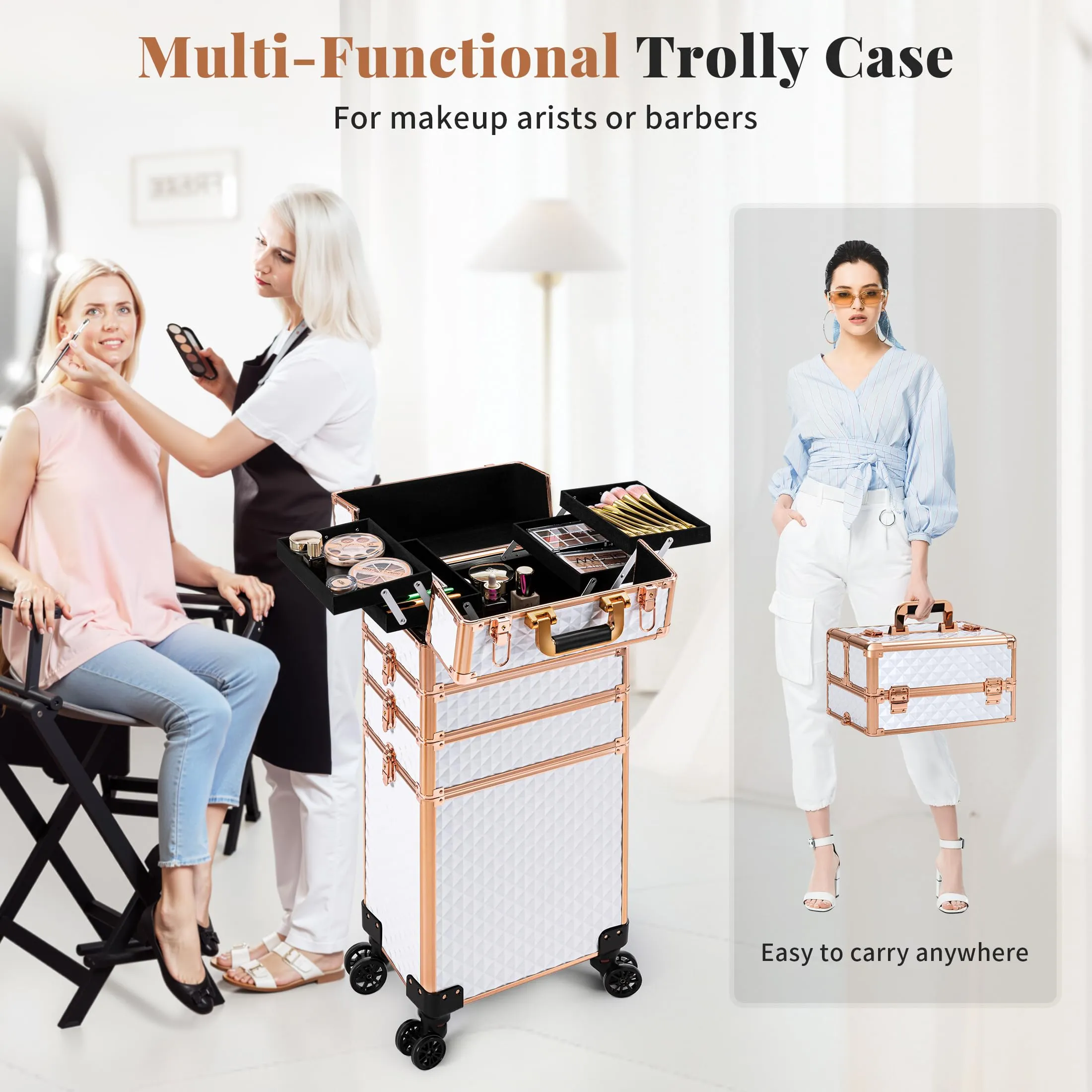 AROUS Rolling Makeup Train Case Large Storage Cosmetic Trolley 4 in 1 Large Capacity Trolley Makeup Travel Case with Key Swivel Wheels Salon Barber Case Traveling Cart Trunk, White