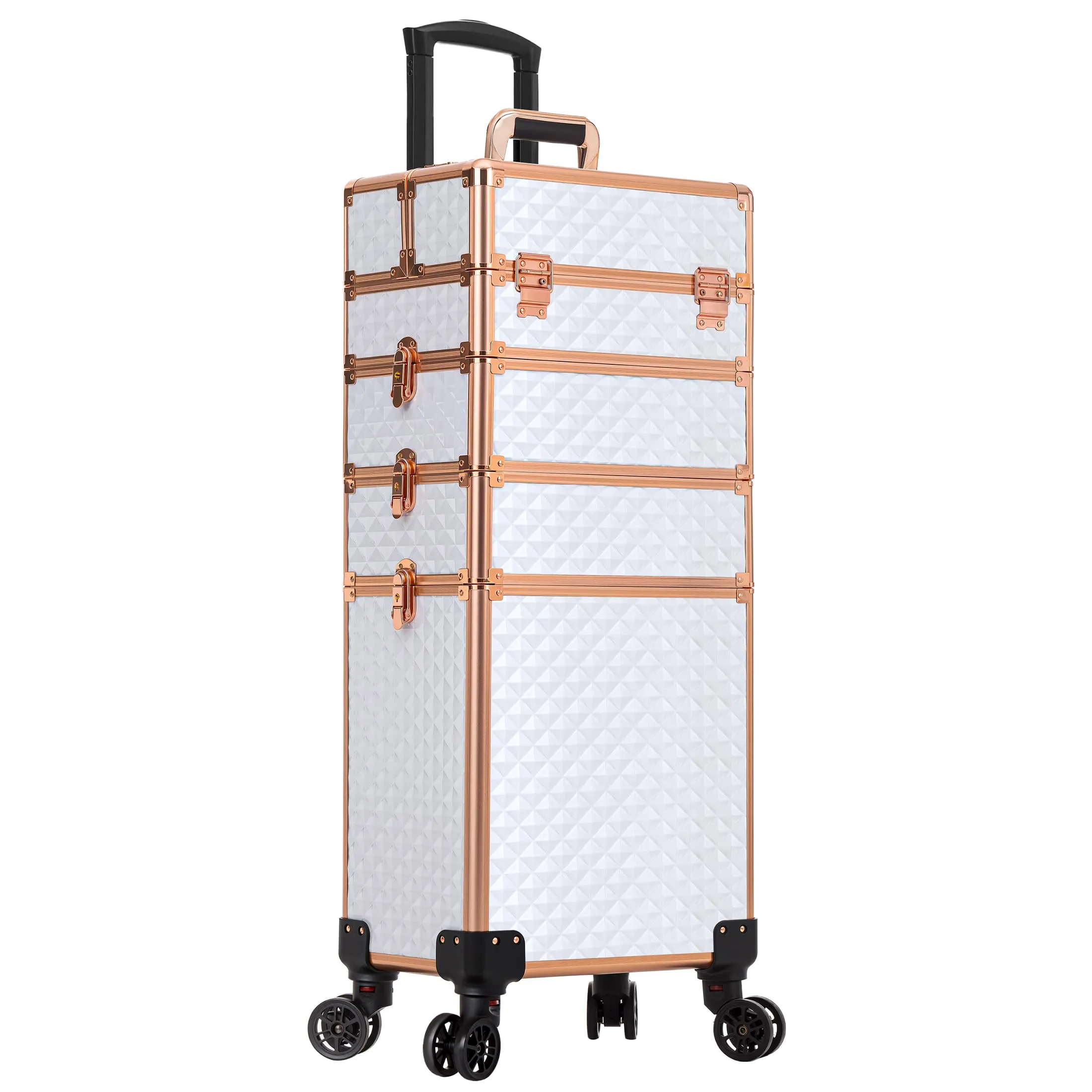 AROUS Rolling Makeup Train Case Large Storage Cosmetic Trolley 4 in 1 Large Capacity Trolley Makeup Travel Case with Key Swivel Wheels Salon Barber Case Traveling Cart Trunk, White