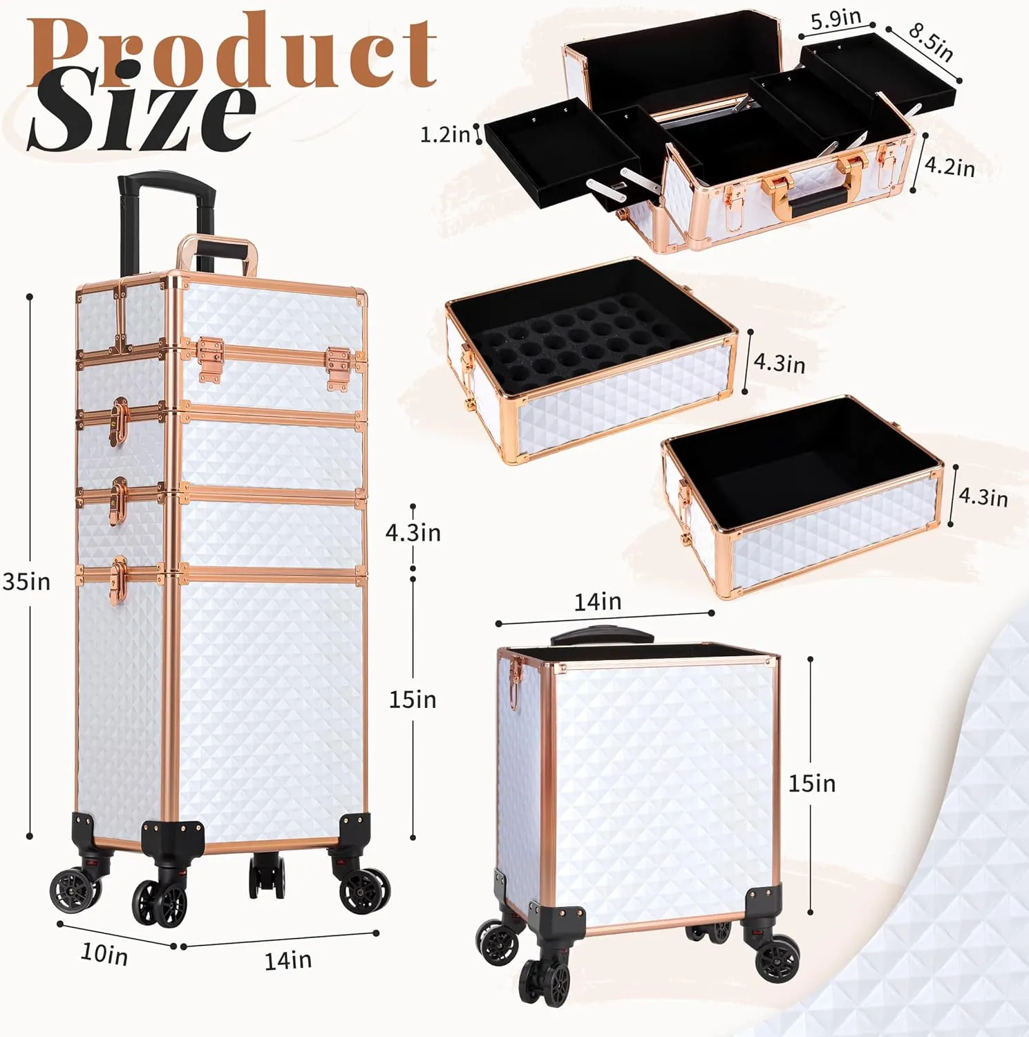 AROUS Rolling Makeup Train Case Large Storage Cosmetic Trolley 4 in 1 Large Capacity Trolley Makeup Travel Case with Key Swivel Wheels Salon Barber Case Traveling Cart Trunk, White