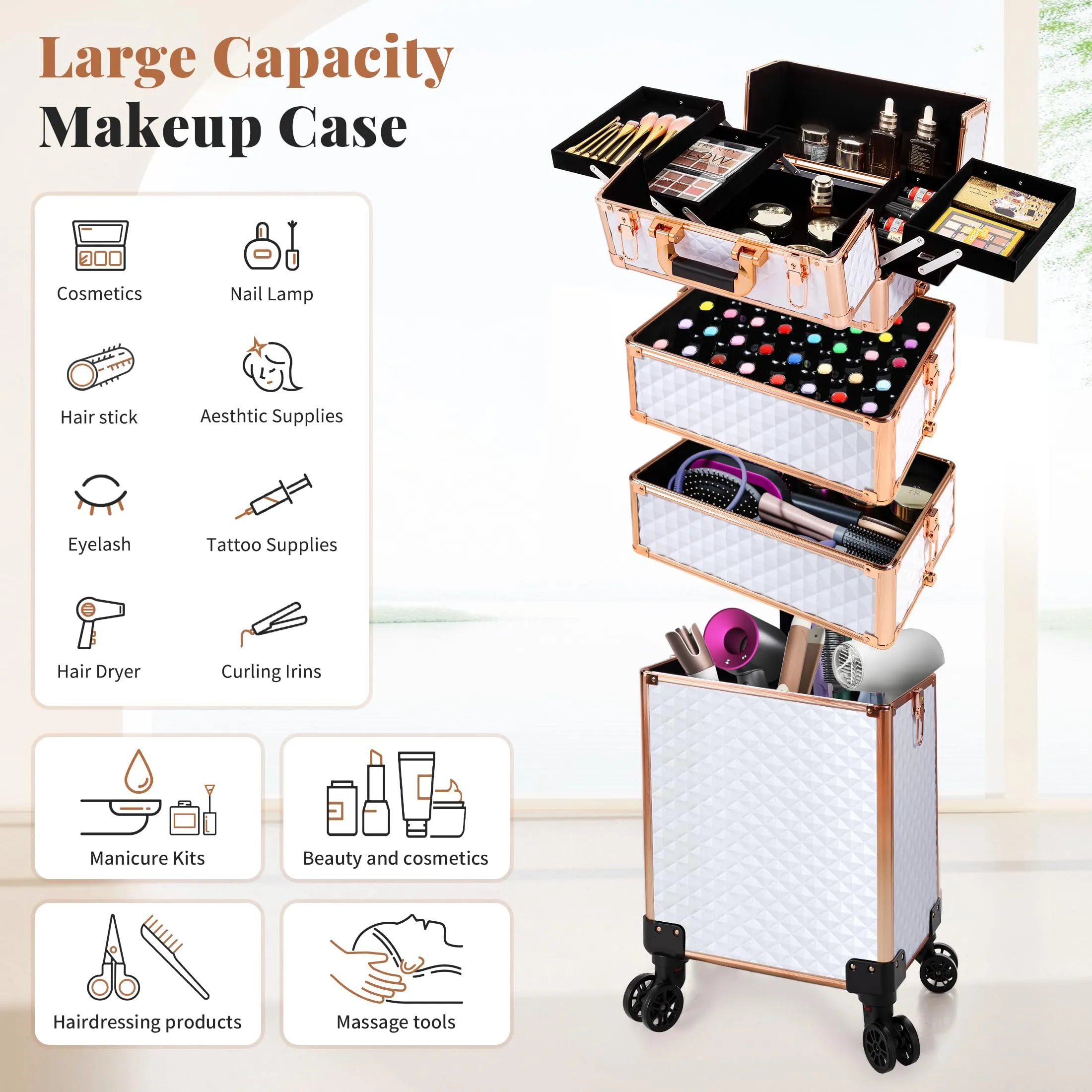 AROUS Rolling Makeup Train Case Large Storage Cosmetic Trolley 4 in 1 Large Capacity Trolley Makeup Travel Case with Key Swivel Wheels Salon Barber Case Traveling Cart Trunk, White