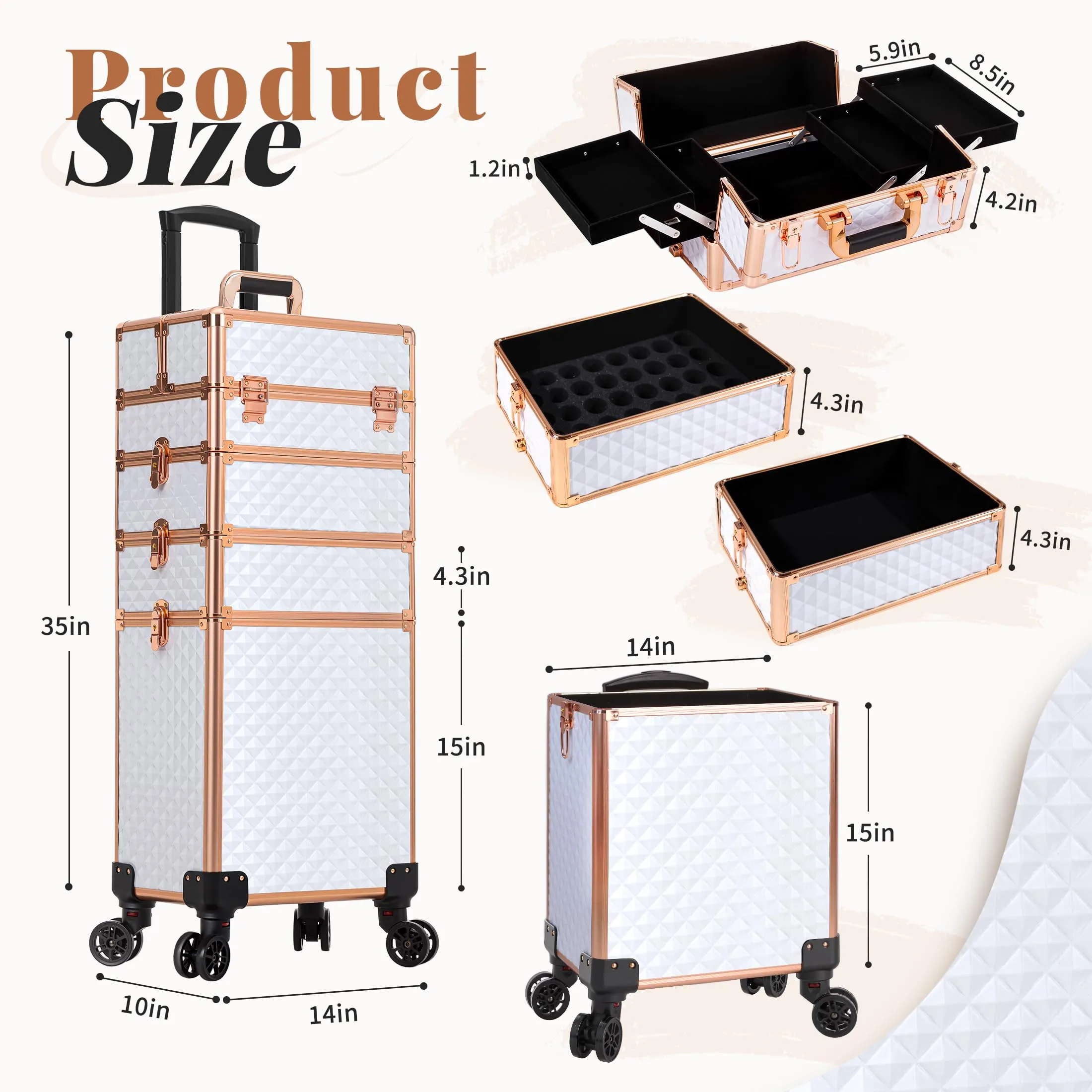 AROUS Rolling Makeup Train Case Large Storage Cosmetic Trolley 4 in 1 Large Capacity Trolley Makeup Travel Case with Key Swivel Wheels Salon Barber Case Traveling Cart Trunk, White
