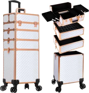 AROUS Rolling Makeup Train Case Large Storage Cosmetic Trolley 4 in 1 Large Capacity Trolley Makeup Travel Case with Key Swivel Wheels Salon Barber Case Traveling Cart Trunk, White
