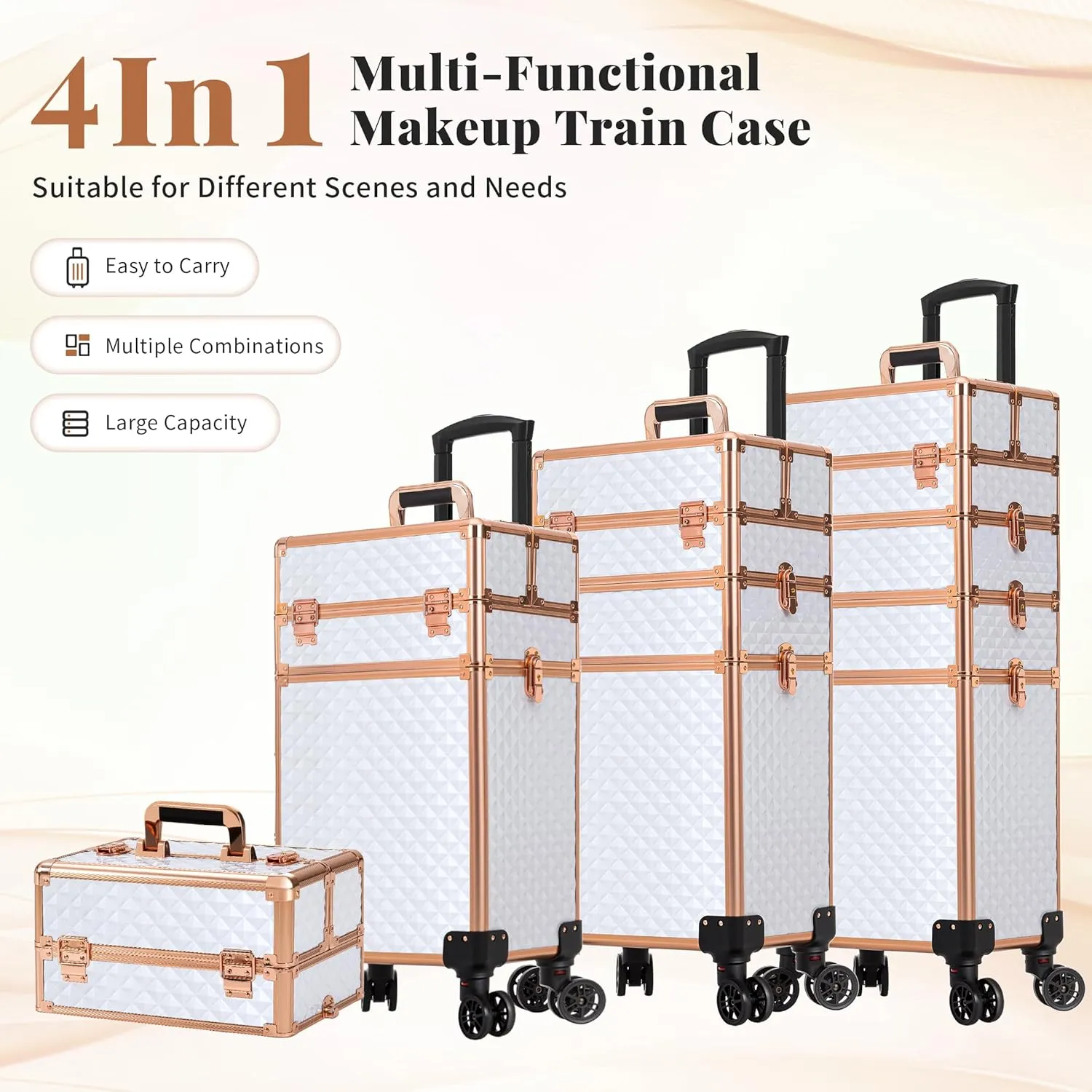 AROUS Rolling Makeup Train Case Large Storage Cosmetic Trolley 4 in 1 Large Capacity Trolley Makeup Travel Case with Key Swivel Wheels Salon Barber Case Traveling Cart Trunk, White