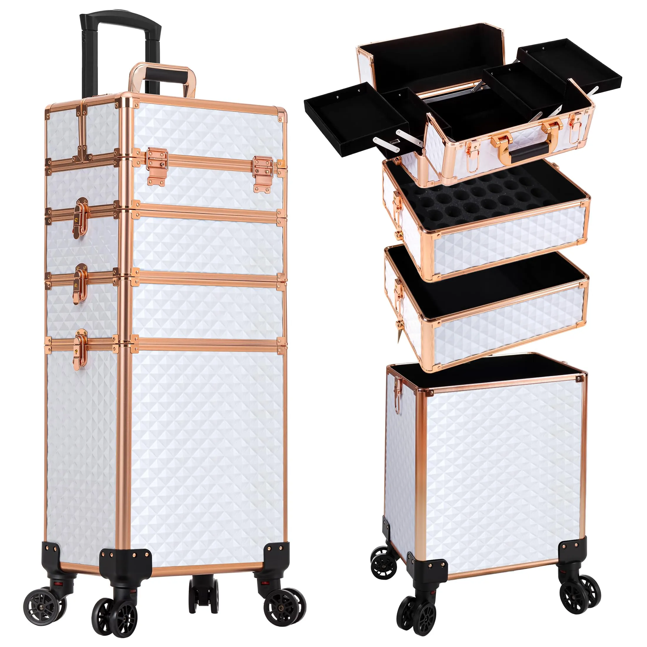 AROUS Rolling Makeup Train Case Large Storage Cosmetic Trolley 4 in 1 Large Capacity Trolley Makeup Travel Case with Key Swivel Wheels Salon Barber Case Traveling Cart Trunk, White