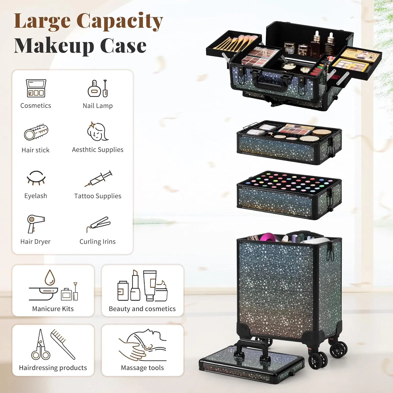 AROUS Rolling Makeup Train Case Large Storage Cosmetic Trolley 5 in 1 Large Capacity Trolley Makeup Travel Case with Key Swivel Wheels Salon Barber Case Traveling Cart Trunk, Black (Black)