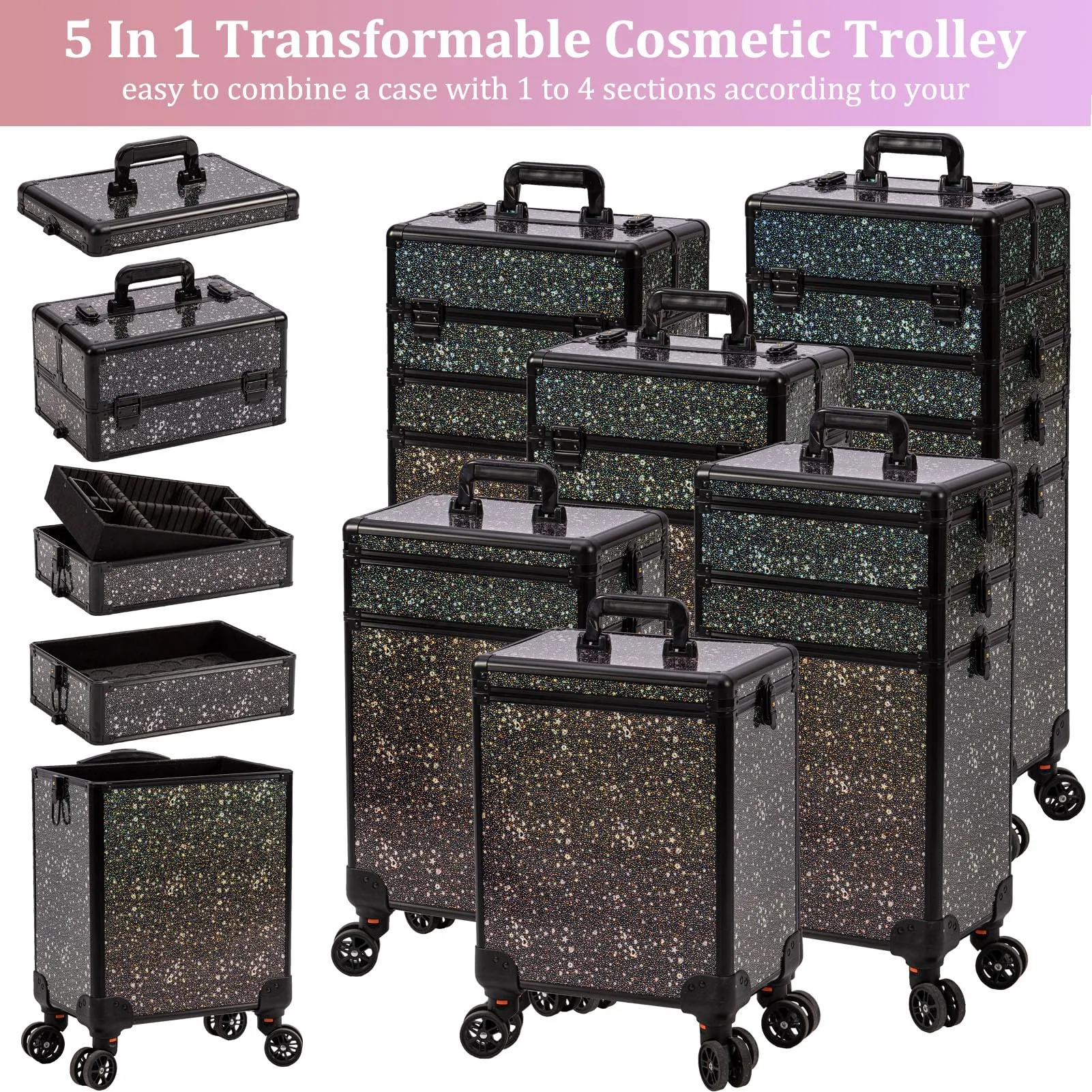 AROUS Rolling Makeup Train Case Large Storage Cosmetic Trolley 5 in 1 Large Capacity Trolley Makeup Travel Case with Key Swivel Wheels Salon Barber Case Traveling Cart Trunk, Black (Black)