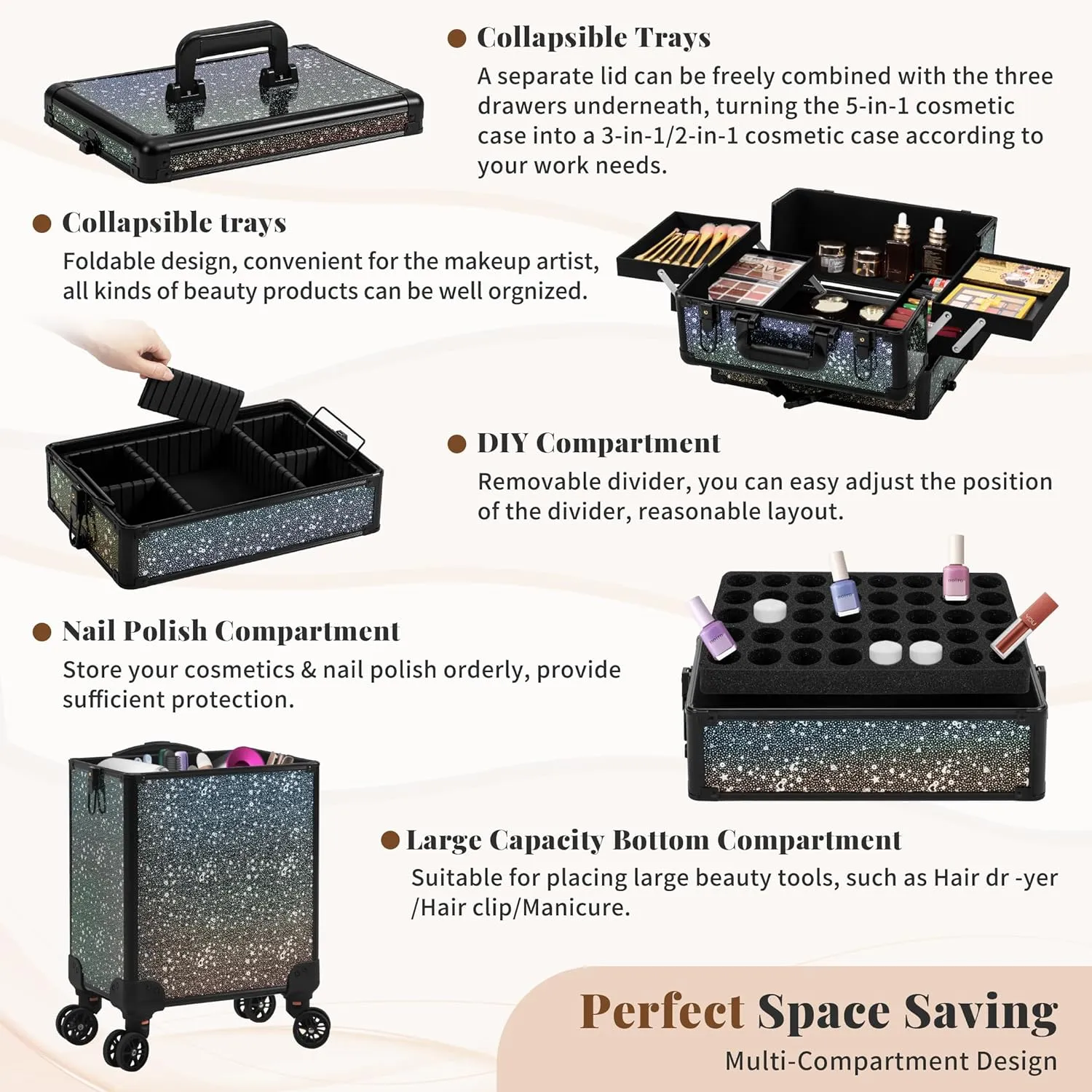 AROUS Rolling Makeup Train Case Large Storage Cosmetic Trolley 5 in 1 Large Capacity Trolley Makeup Travel Case with Key Swivel Wheels Salon Barber Case Traveling Cart Trunk, Black (Black)