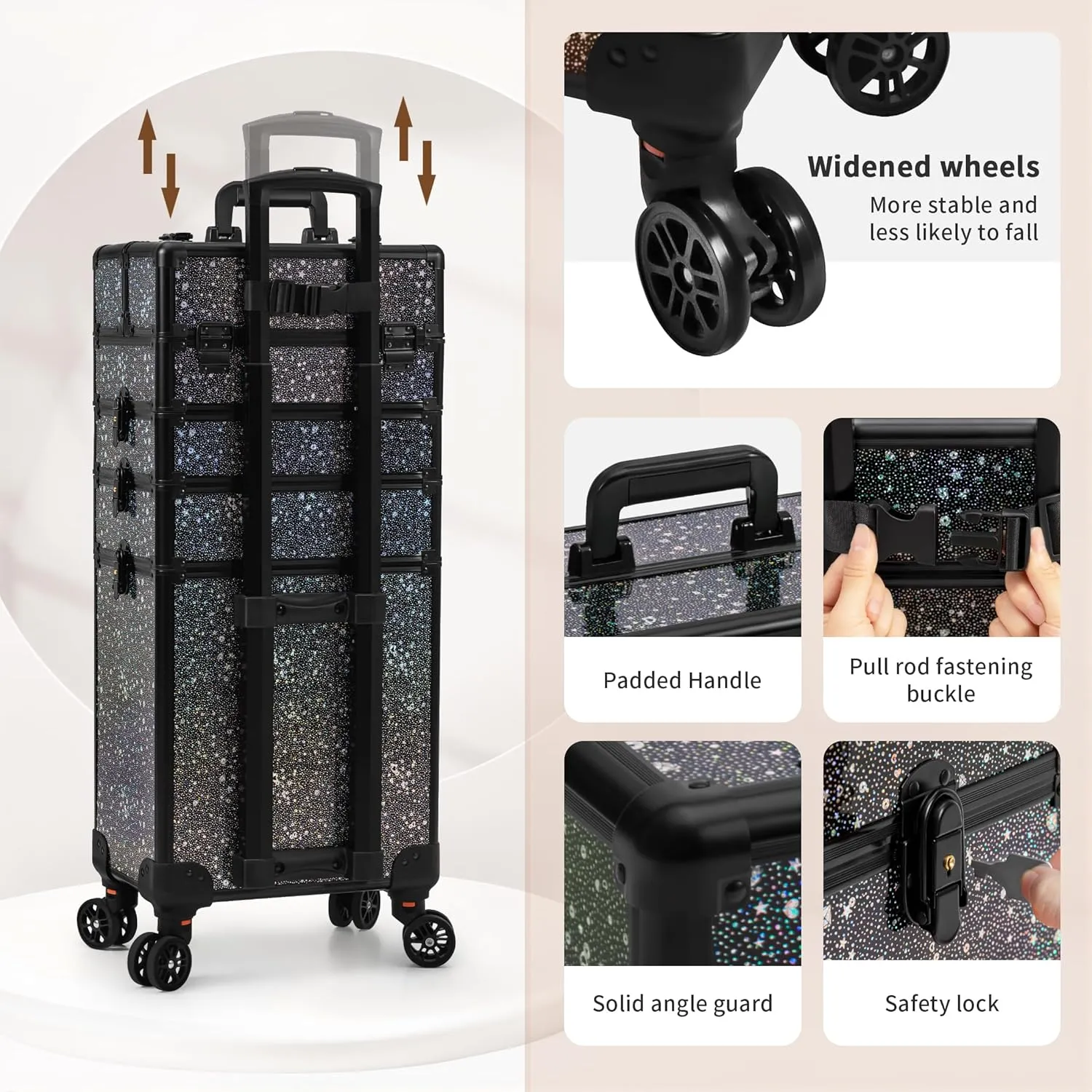 AROUS Rolling Makeup Train Case Large Storage Cosmetic Trolley 5 in 1 Large Capacity Trolley Makeup Travel Case with Key Swivel Wheels Salon Barber Case Traveling Cart Trunk, Black (Black)