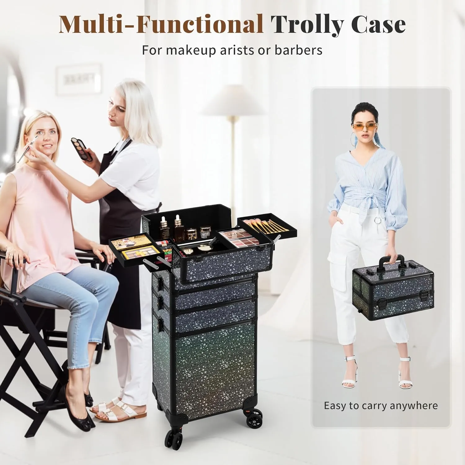 AROUS Rolling Makeup Train Case Large Storage Cosmetic Trolley 5 in 1 Large Capacity Trolley Makeup Travel Case with Key Swivel Wheels Salon Barber Case Traveling Cart Trunk, Black (Black)