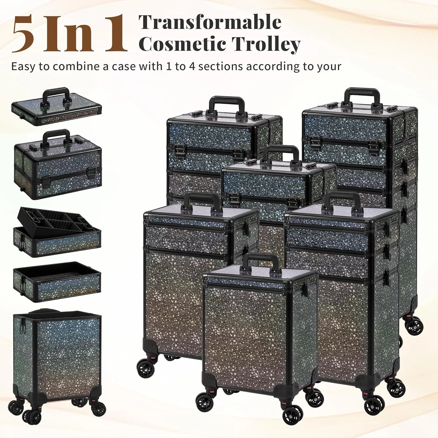 AROUS Rolling Makeup Train Case Large Storage Cosmetic Trolley 5 in 1 Large Capacity Trolley Makeup Travel Case with Key Swivel Wheels Salon Barber Case Traveling Cart Trunk, Black (Black)