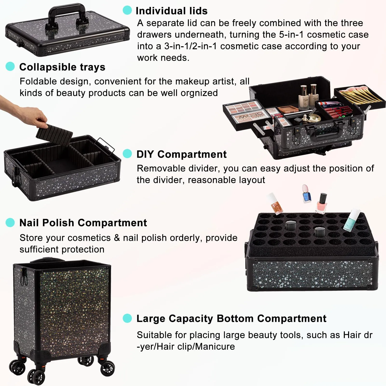AROUS Rolling Makeup Train Case Large Storage Cosmetic Trolley 5 in 1 Large Capacity Trolley Makeup Travel Case with Key Swivel Wheels Salon Barber Case Traveling Cart Trunk, Black (Black)