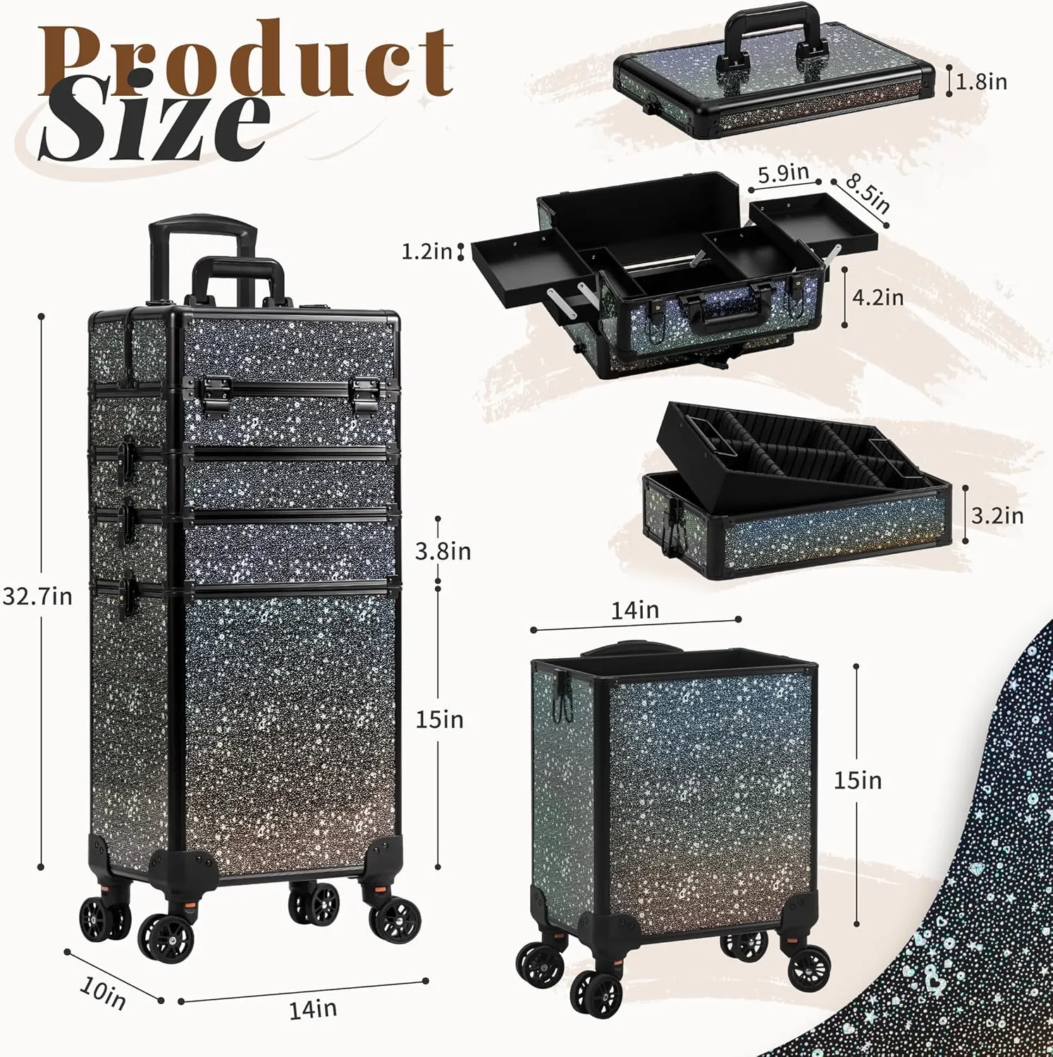 AROUS Rolling Makeup Train Case Large Storage Cosmetic Trolley 5 in 1 Large Capacity Trolley Makeup Travel Case with Key Swivel Wheels Salon Barber Case Traveling Cart Trunk, Black (Black)