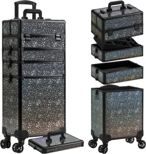 AROUS Rolling Makeup Train Case Large Storage Cosmetic Trolley 5 in 1 Large Capacity Trolley Makeup Travel Case with Key Swivel Wheels Salon Barber Case Traveling Cart Trunk, Black (Black)