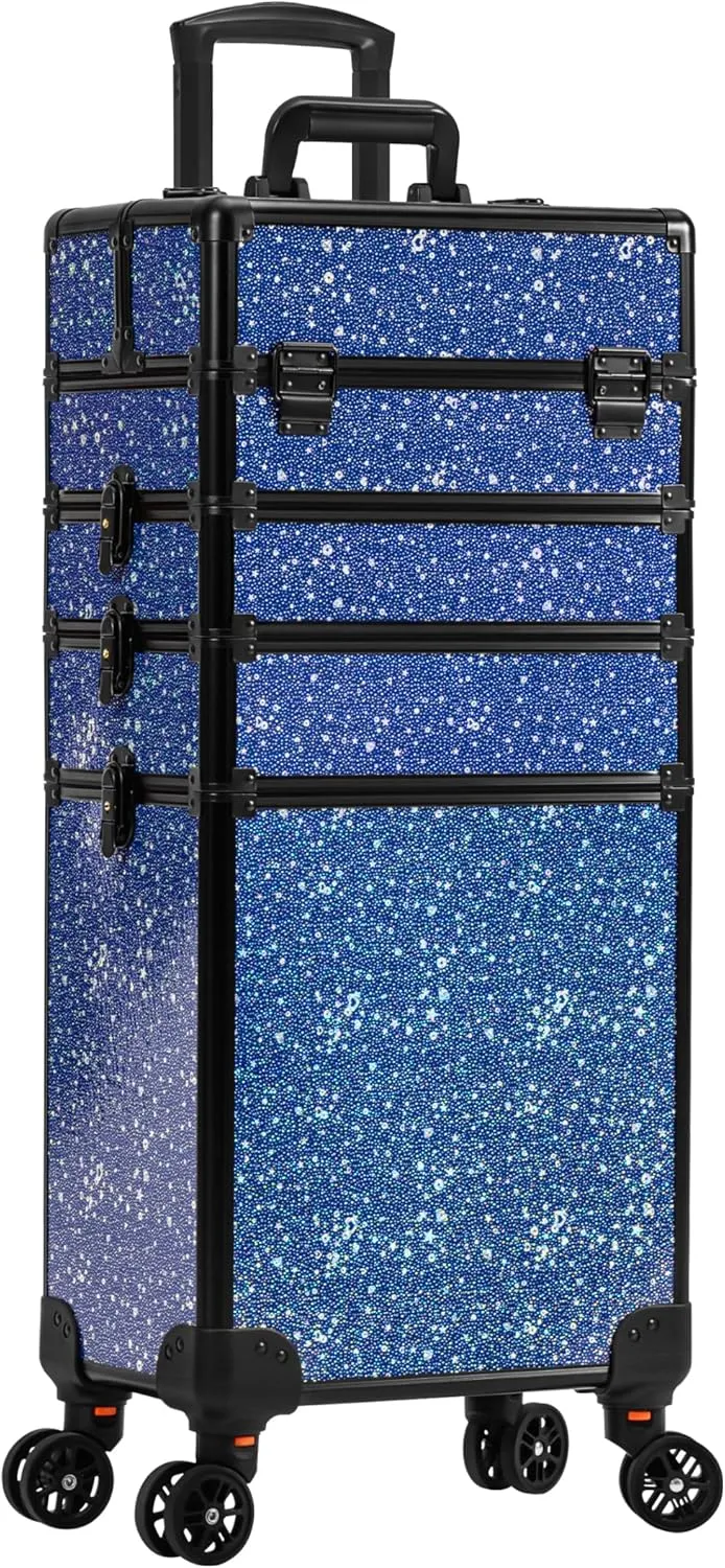 AROUS Rolling Makeup Train Case Large Storage Cosmetic Trolley 5 in 1 Large Capacity Trolley Makeup Travel Case with Key Swivel Wheels Salon Barber Case Traveling Cart Trunk, Black (Blue)