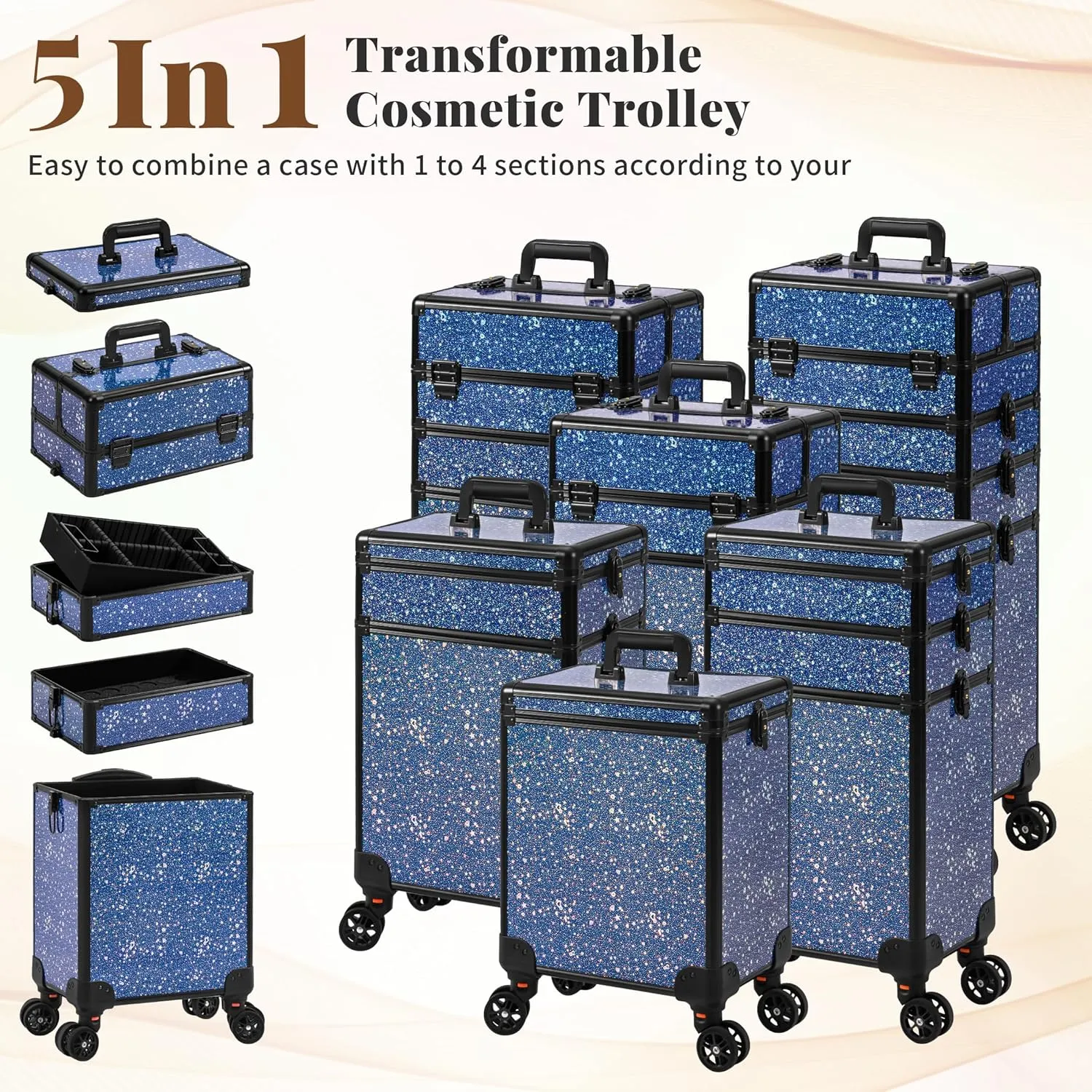 AROUS Rolling Makeup Train Case Large Storage Cosmetic Trolley 5 in 1 Large Capacity Trolley Makeup Travel Case with Key Swivel Wheels Salon Barber Case Traveling Cart Trunk, Black (Blue)