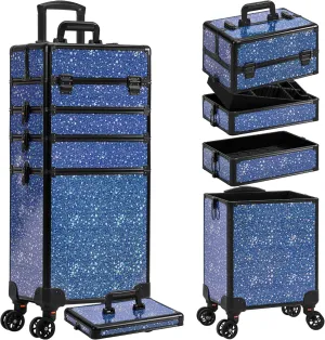 AROUS Rolling Makeup Train Case Large Storage Cosmetic Trolley 5 in 1 Large Capacity Trolley Makeup Travel Case with Key Swivel Wheels Salon Barber Case Traveling Cart Trunk, Black (Blue)