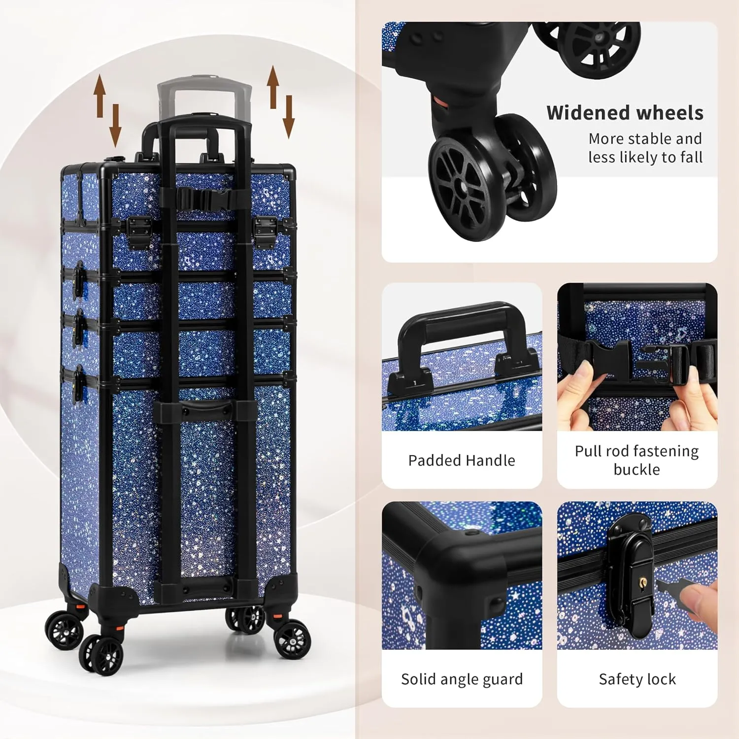 AROUS Rolling Makeup Train Case Large Storage Cosmetic Trolley 5 in 1 Large Capacity Trolley Makeup Travel Case with Key Swivel Wheels Salon Barber Case Traveling Cart Trunk, Black (Blue)