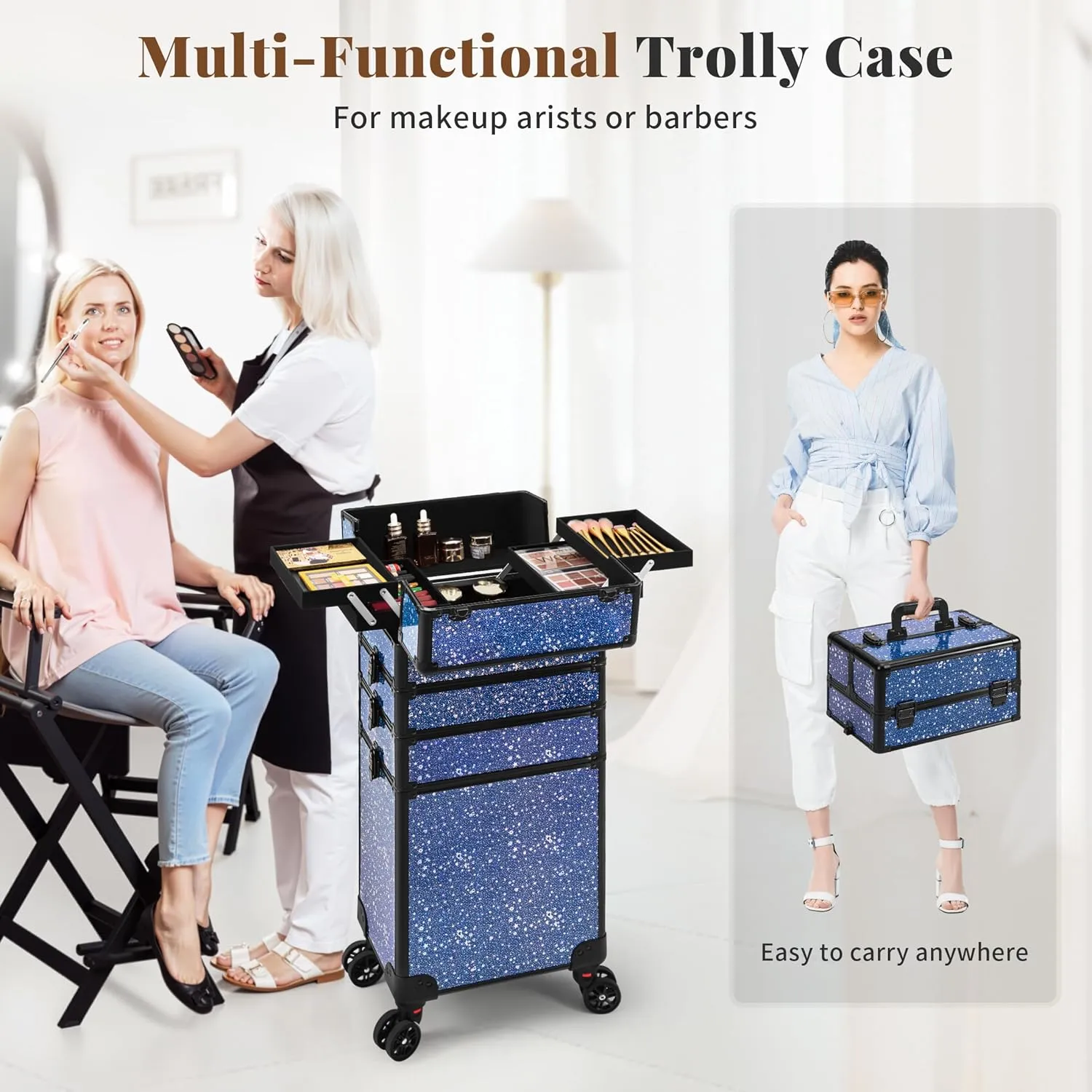 AROUS Rolling Makeup Train Case Large Storage Cosmetic Trolley 5 in 1 Large Capacity Trolley Makeup Travel Case with Key Swivel Wheels Salon Barber Case Traveling Cart Trunk, Black (Blue)