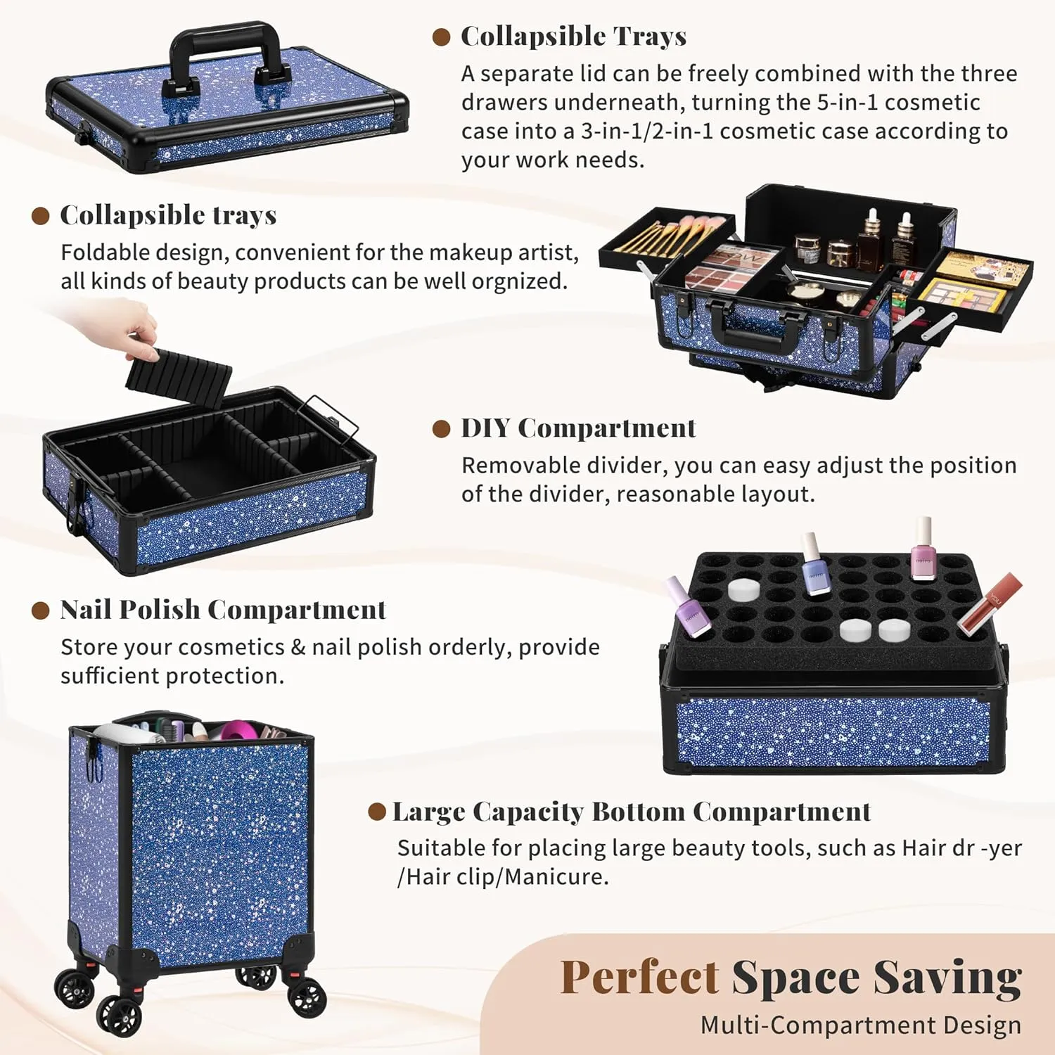 AROUS Rolling Makeup Train Case Large Storage Cosmetic Trolley 5 in 1 Large Capacity Trolley Makeup Travel Case with Key Swivel Wheels Salon Barber Case Traveling Cart Trunk, Black (Blue)