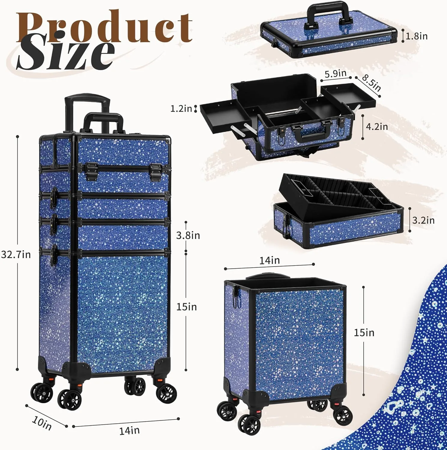 AROUS Rolling Makeup Train Case Large Storage Cosmetic Trolley 5 in 1 Large Capacity Trolley Makeup Travel Case with Key Swivel Wheels Salon Barber Case Traveling Cart Trunk, Black (Blue)