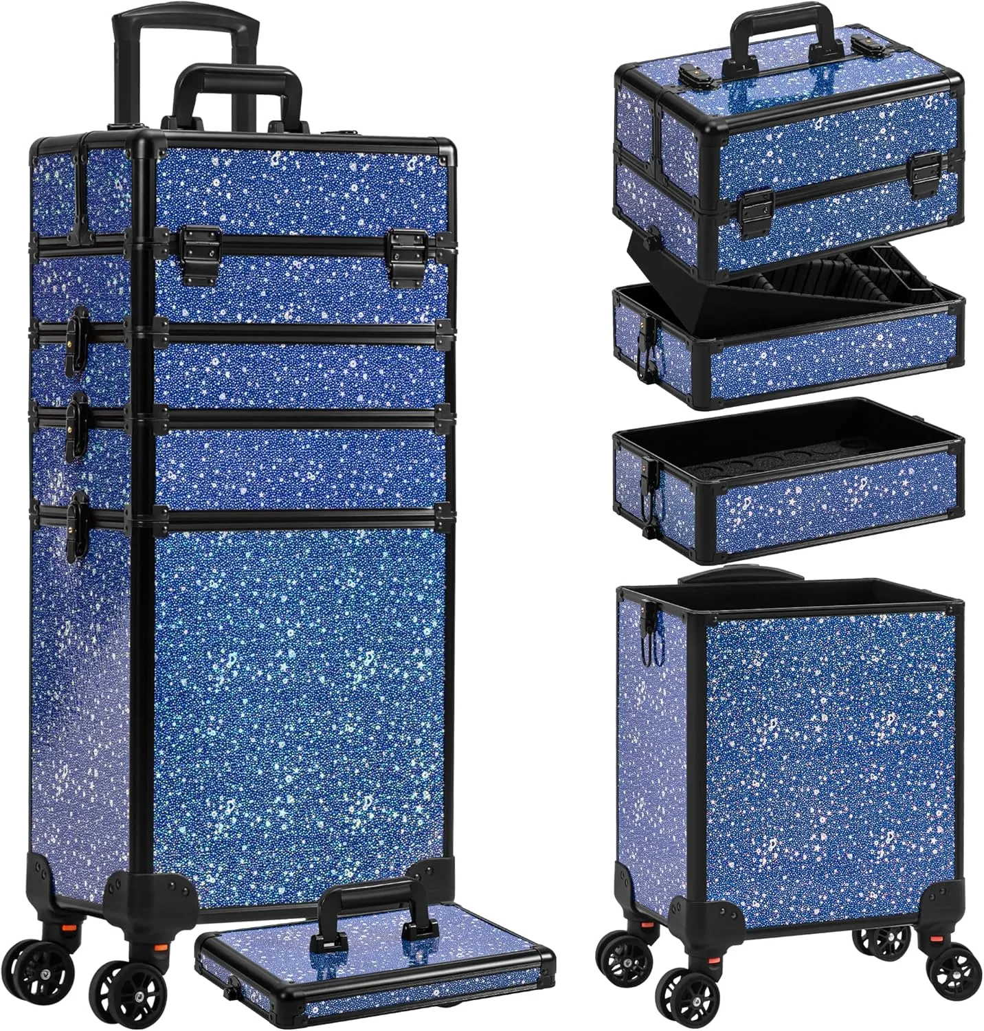 AROUS Rolling Makeup Train Case Large Storage Cosmetic Trolley 5 in 1 Large Capacity Trolley Makeup Travel Case with Key Swivel Wheels Salon Barber Case Traveling Cart Trunk, Black (Blue)