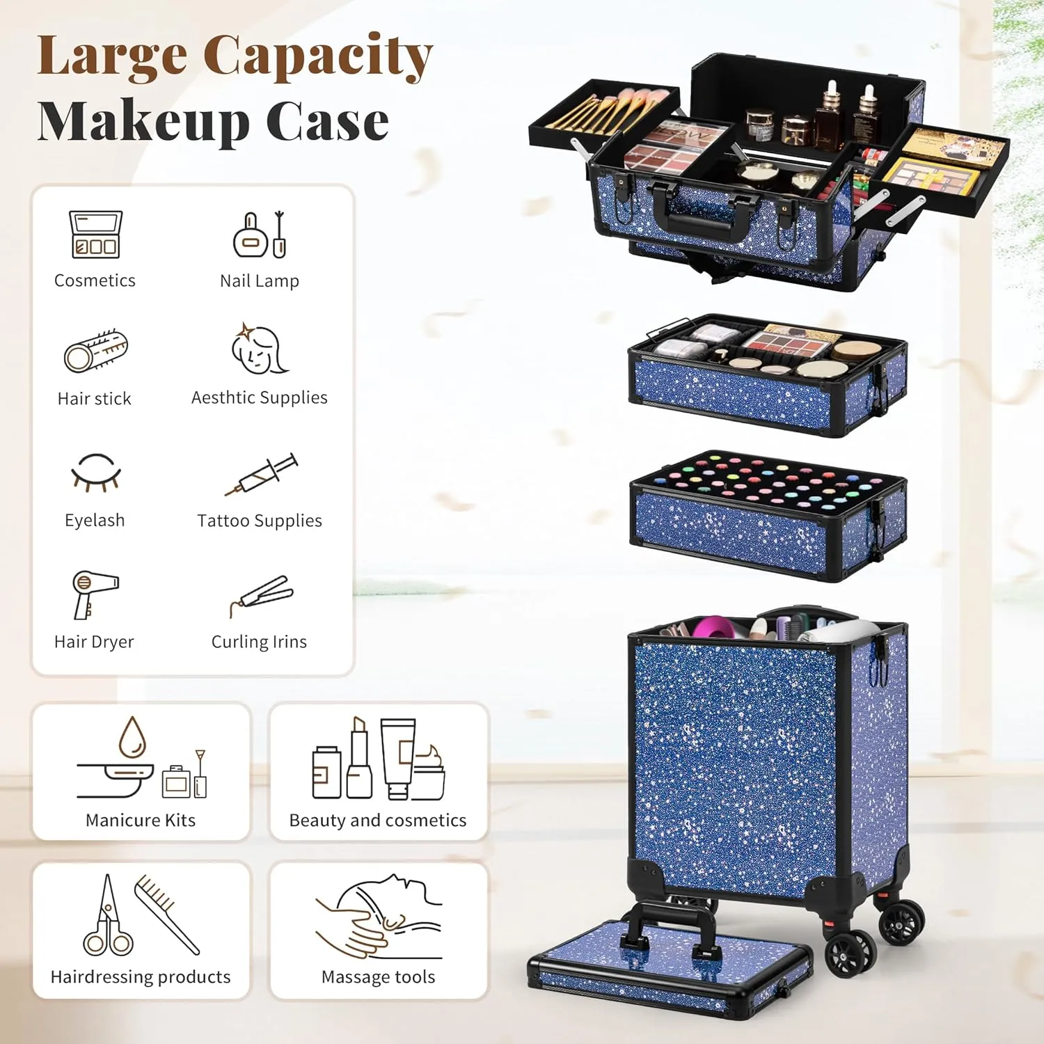 AROUS Rolling Makeup Train Case Large Storage Cosmetic Trolley 5 in 1 Large Capacity Trolley Makeup Travel Case with Key Swivel Wheels Salon Barber Case Traveling Cart Trunk, Black (Blue)